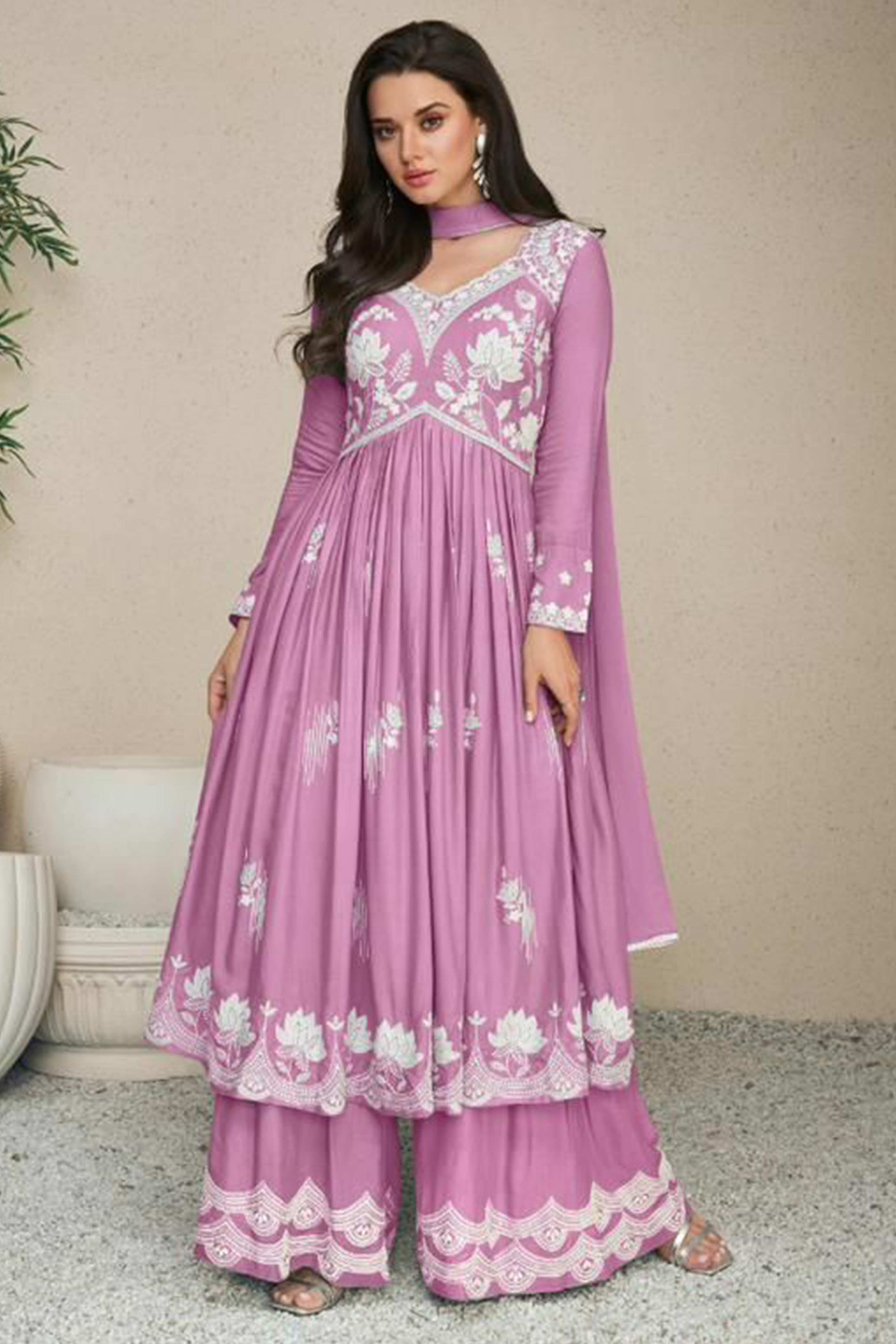 Pink Lucknowi Embroidered Rayon Palazzo Suit