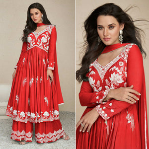 Red Lucknowi Embroidered Rayon Palazzo Suit
