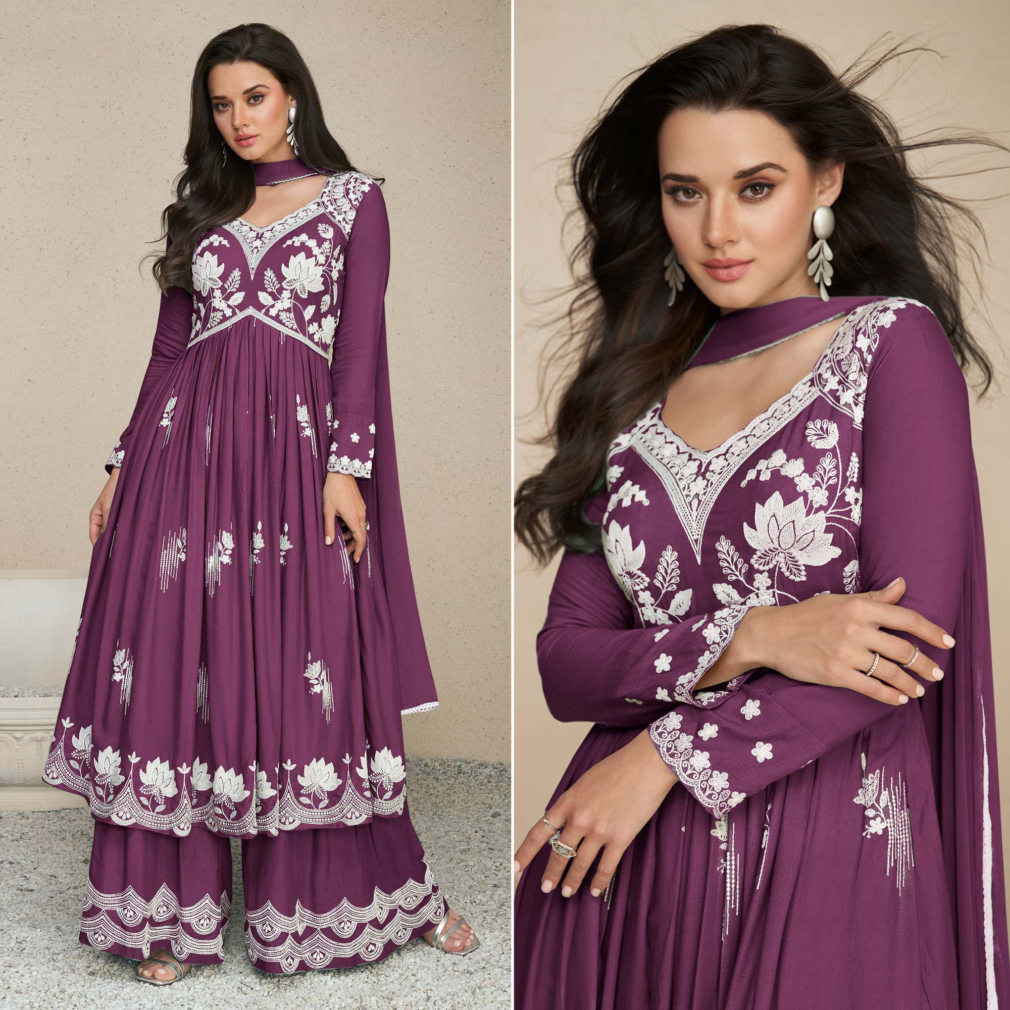 Wine Lucknowi Embroidered Rayon Palazzo Suit