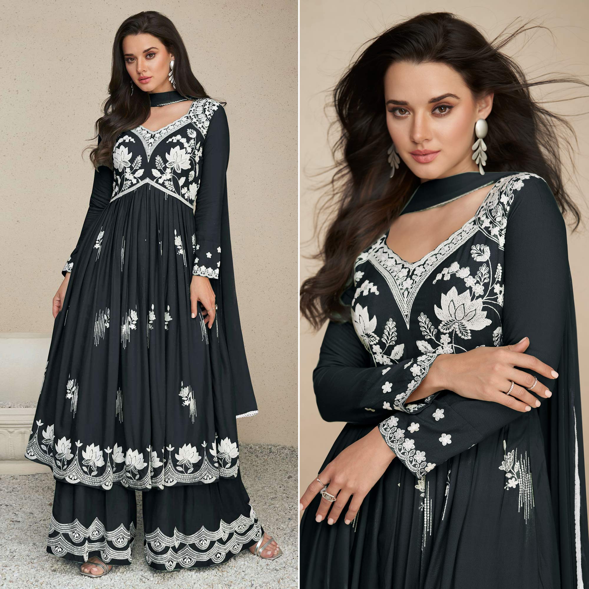 Black Lucknowi Embroidered Rayon Palazzo Suit