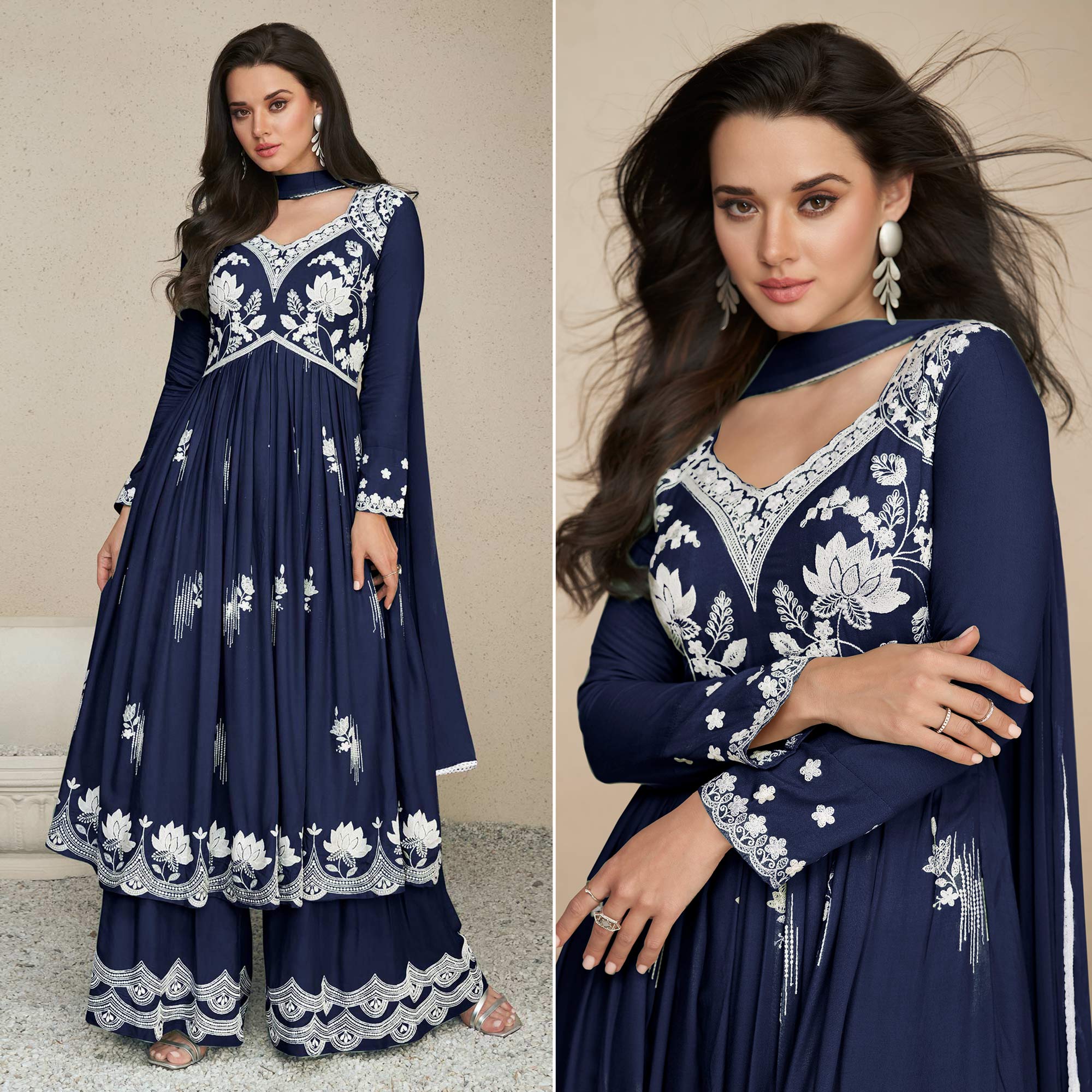 Blue Lucknowi Embroidered Rayon Palazzo Suit
