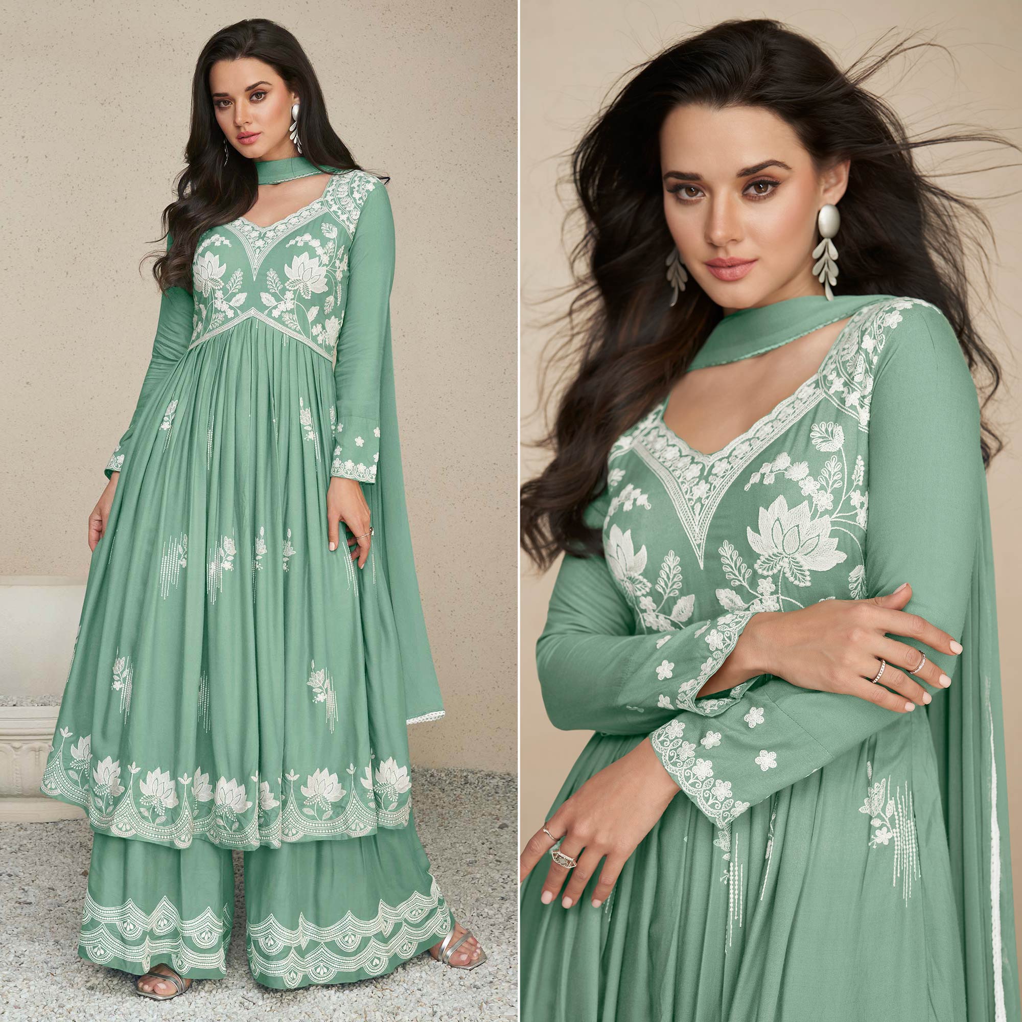 Green Lucknowi Embroidered Rayon Palazzo Suit