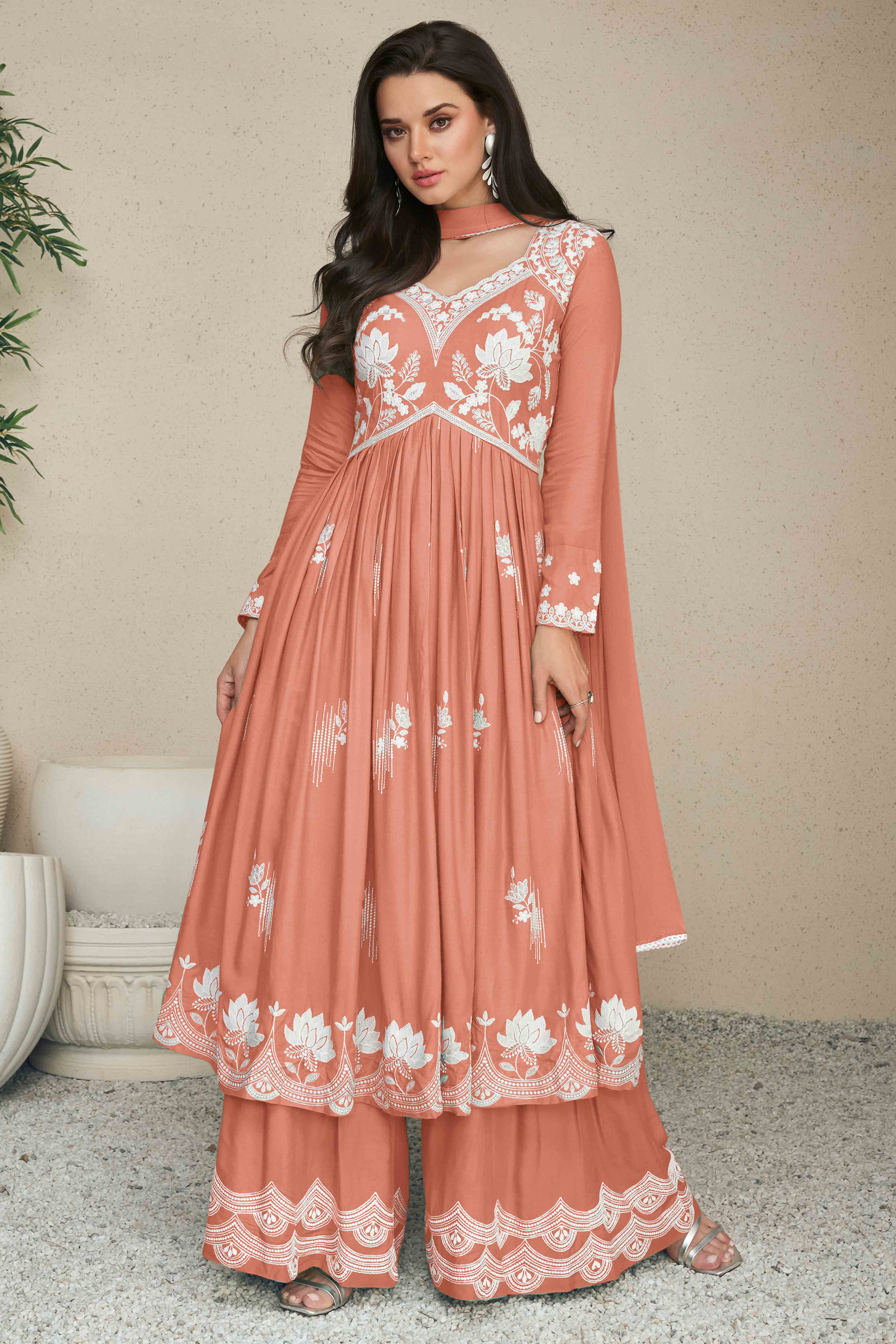 Designer Rayon Palazzo Suit in Orange with Lucknowi Embellishments