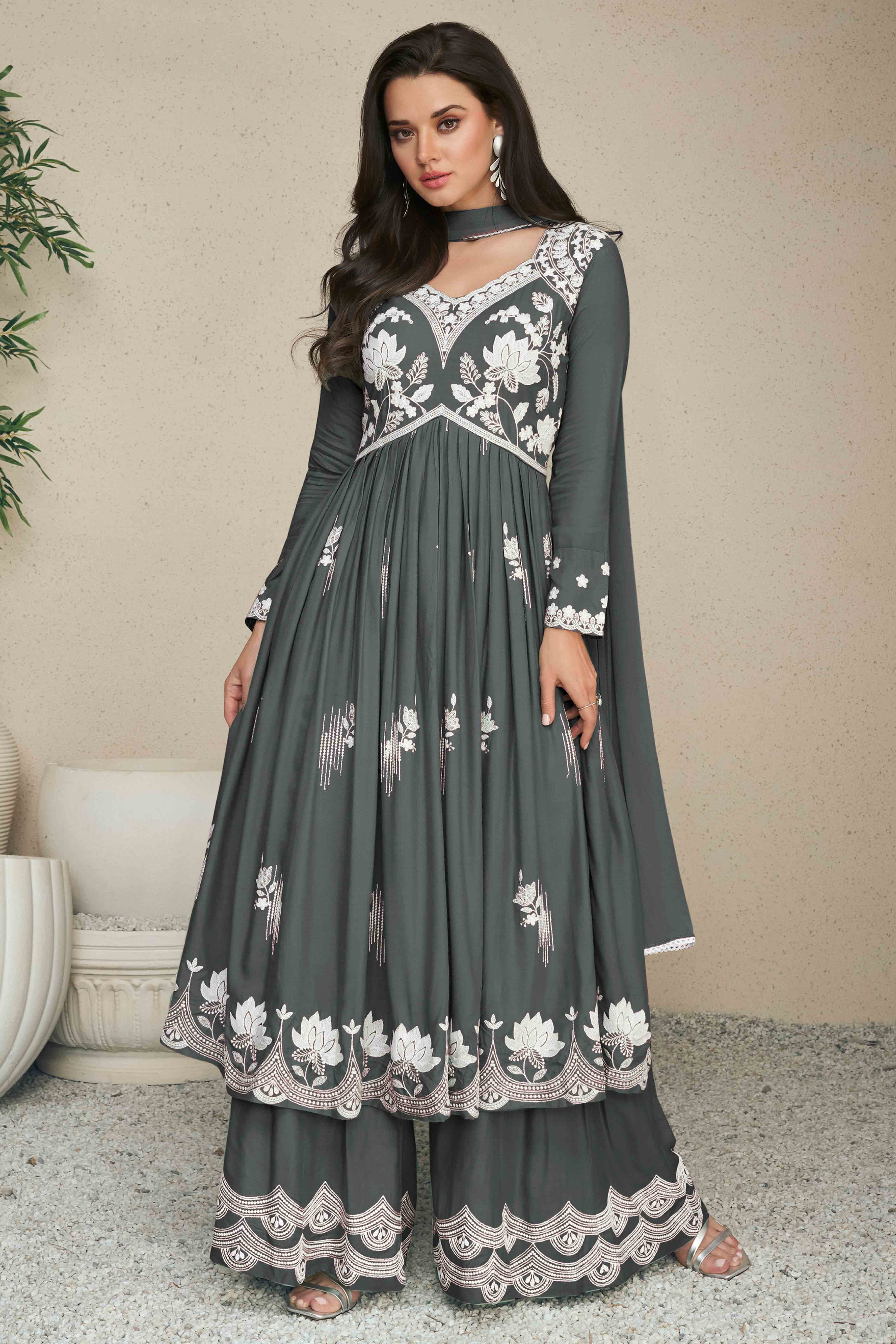 Designer Rayon Palazzo Suit in Grey with Lucknowi Embellishments
