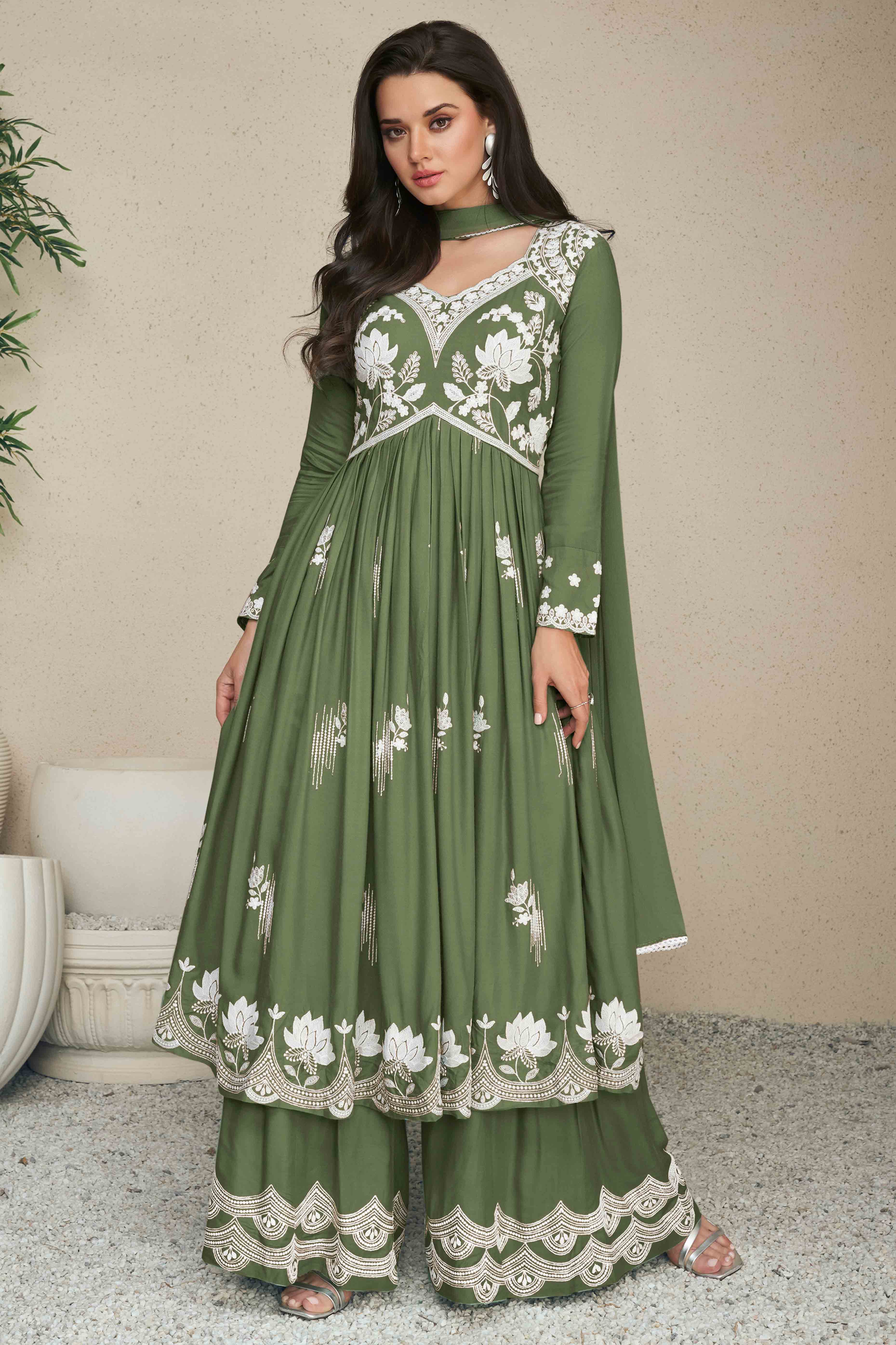 Designer Rayon Palazzo Suit in Green with Lucknowi Embellishments