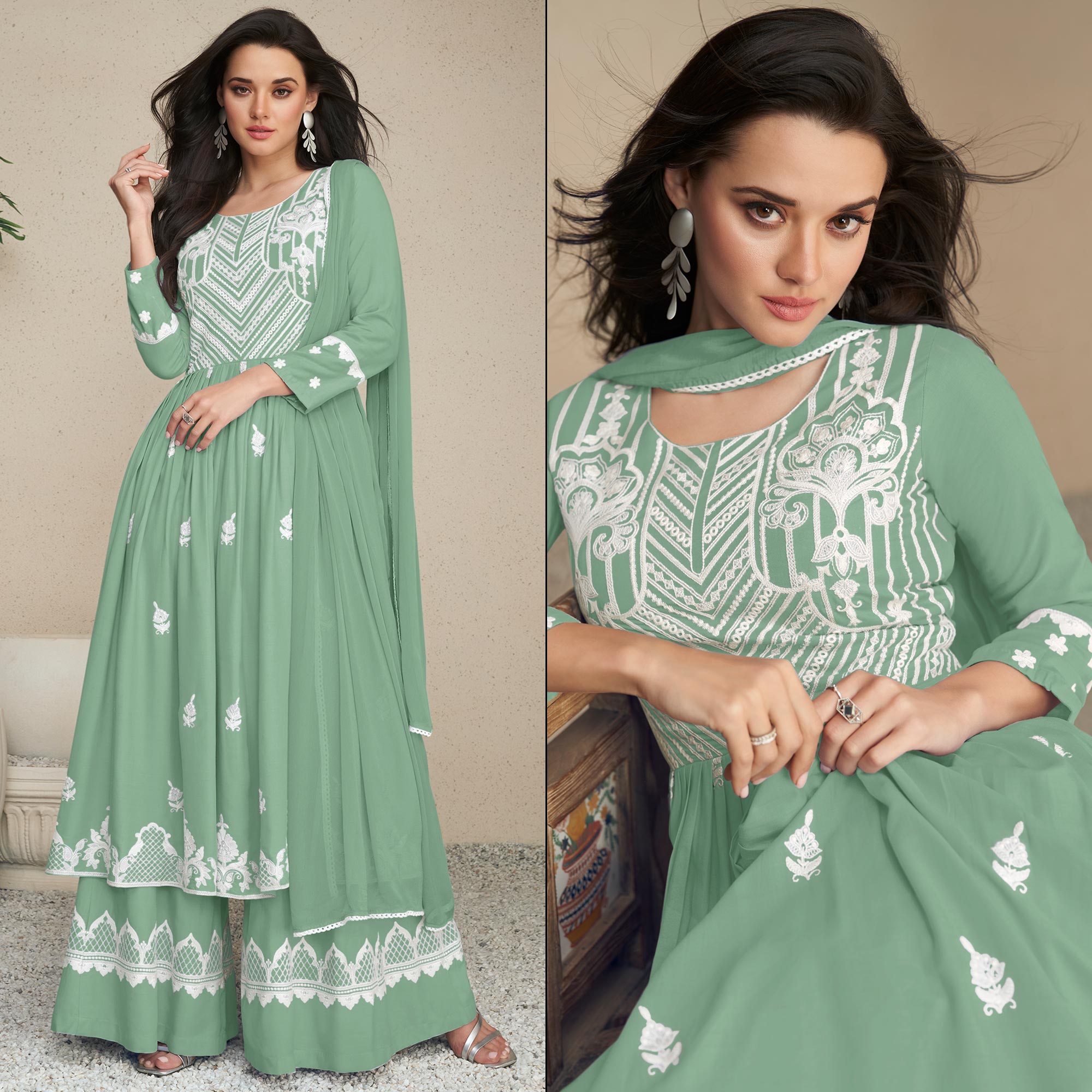 Green Lucknowi Embroidered Rayon Palazzo Suit