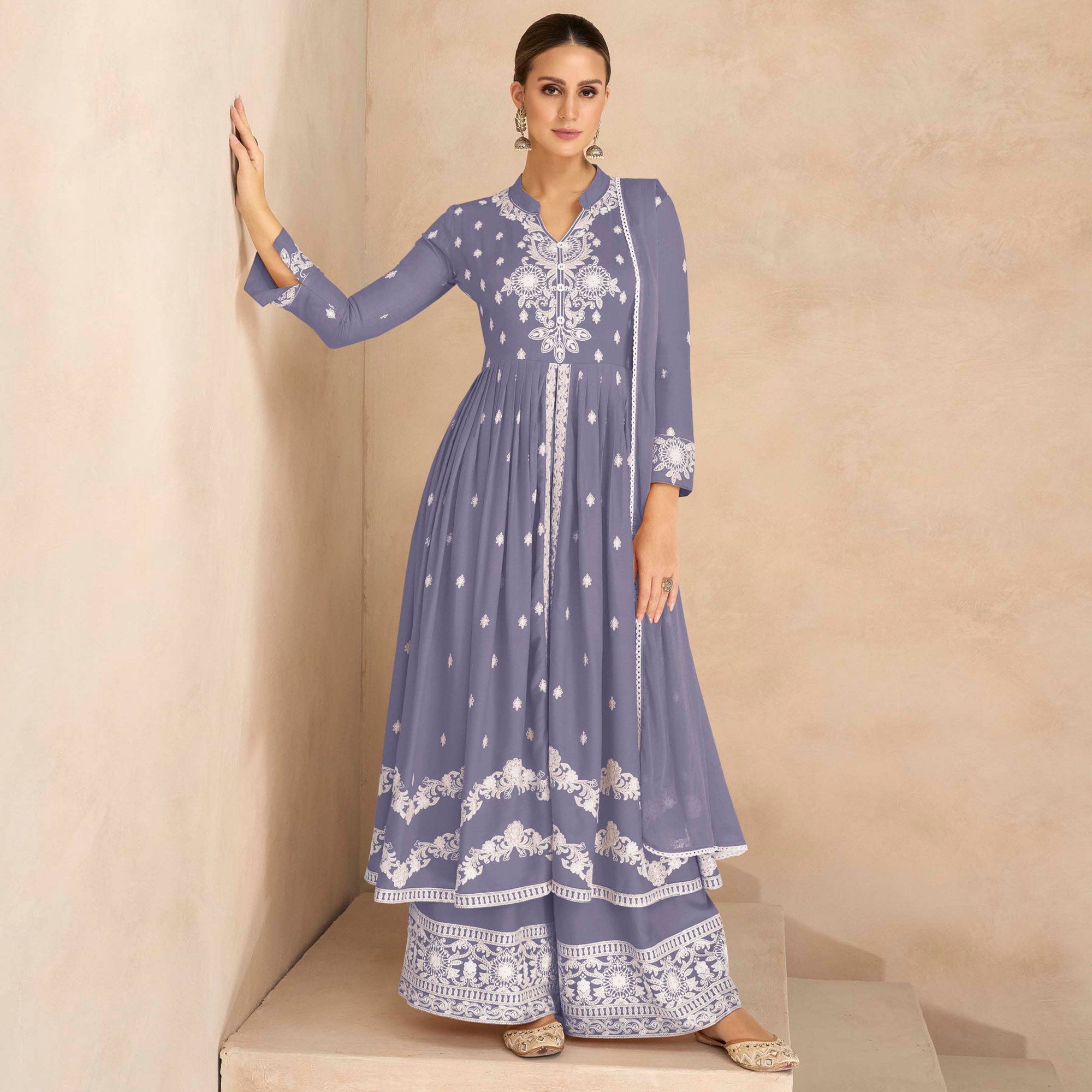 Greyish Blue Floral Embroidered Rayon Palazzo Suit