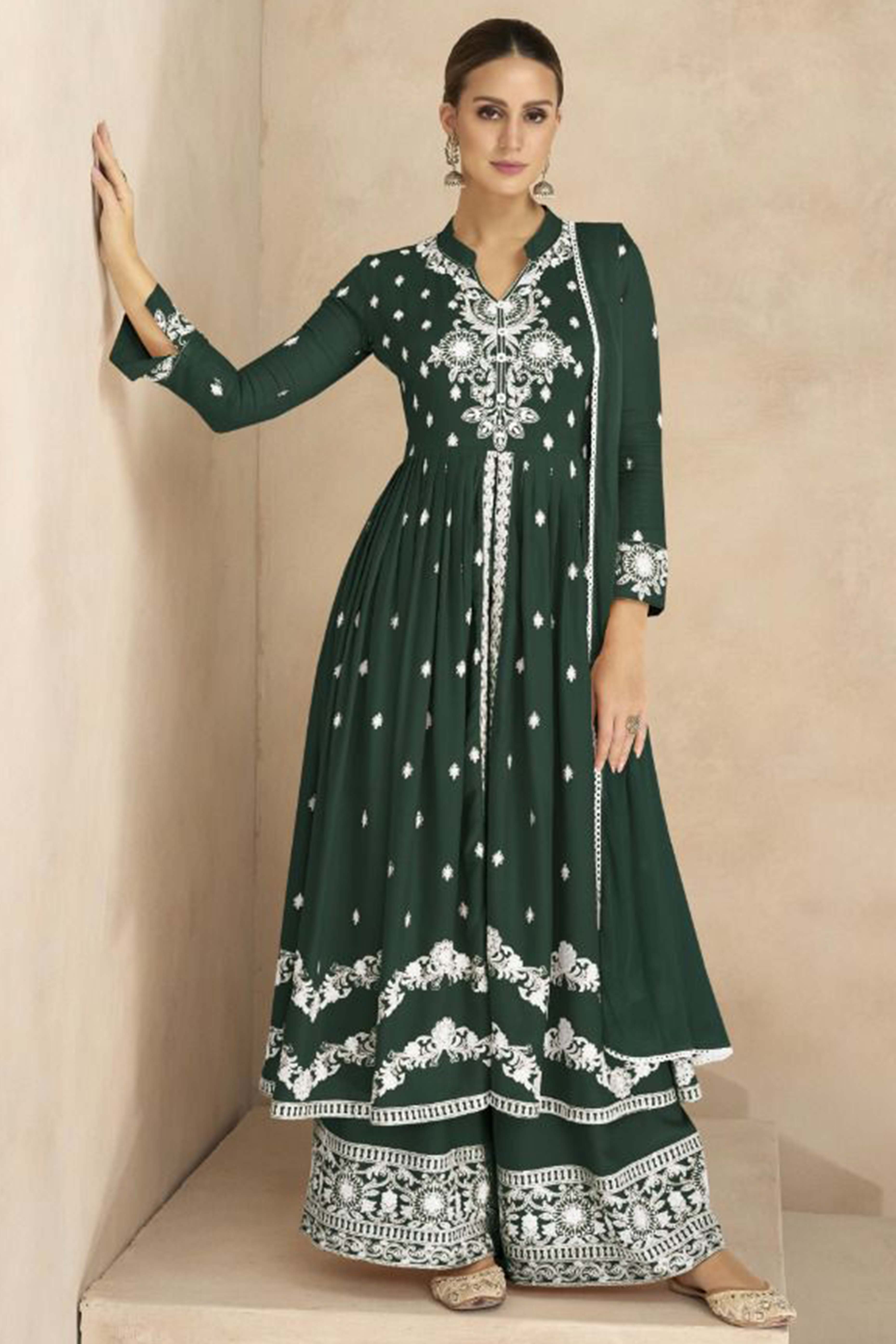 Dark Green Floral Embroidered Rayon Palazzo Suit