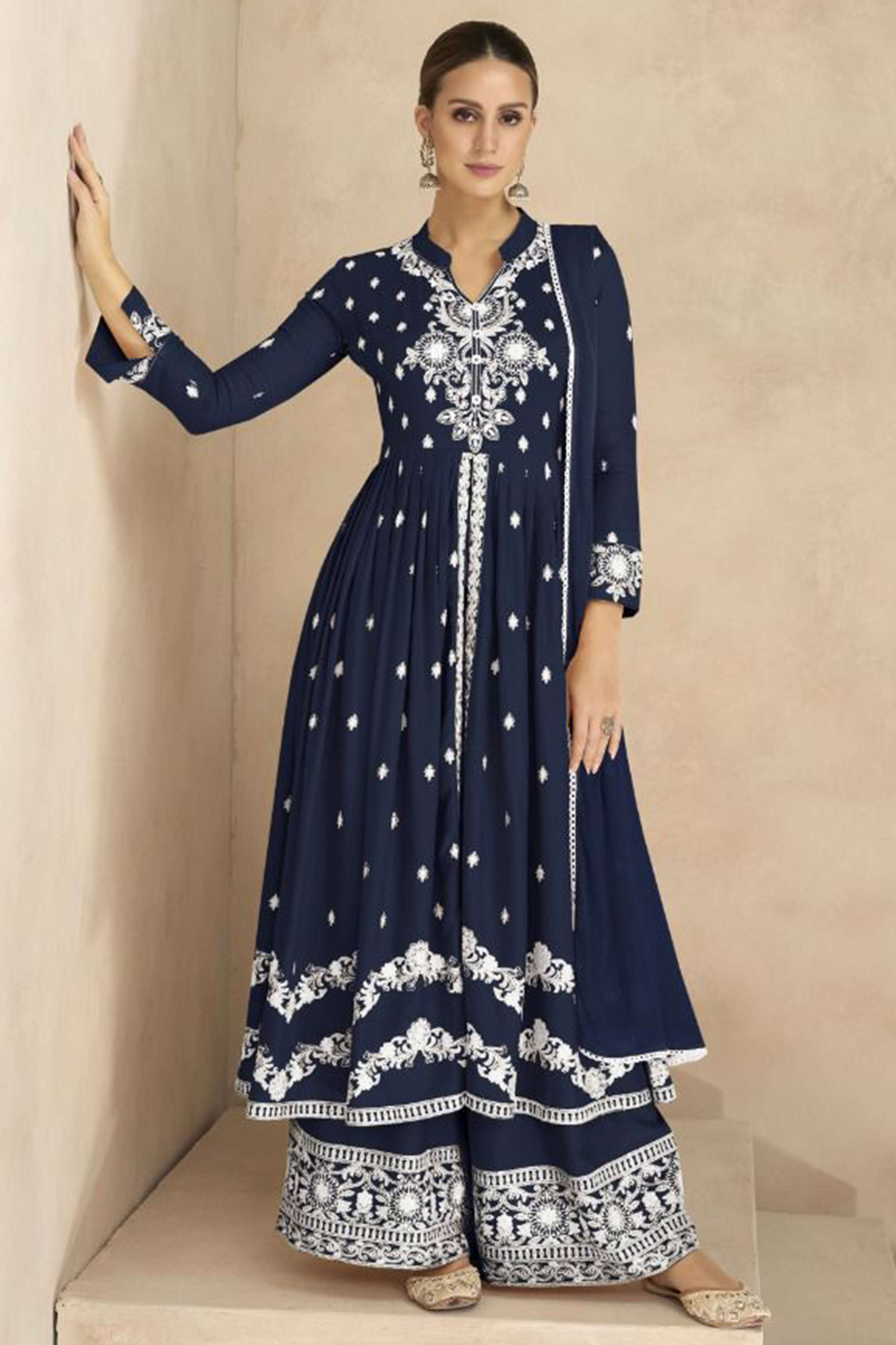 Navy Blue Floral Embroidered Rayon Palazzo Suit