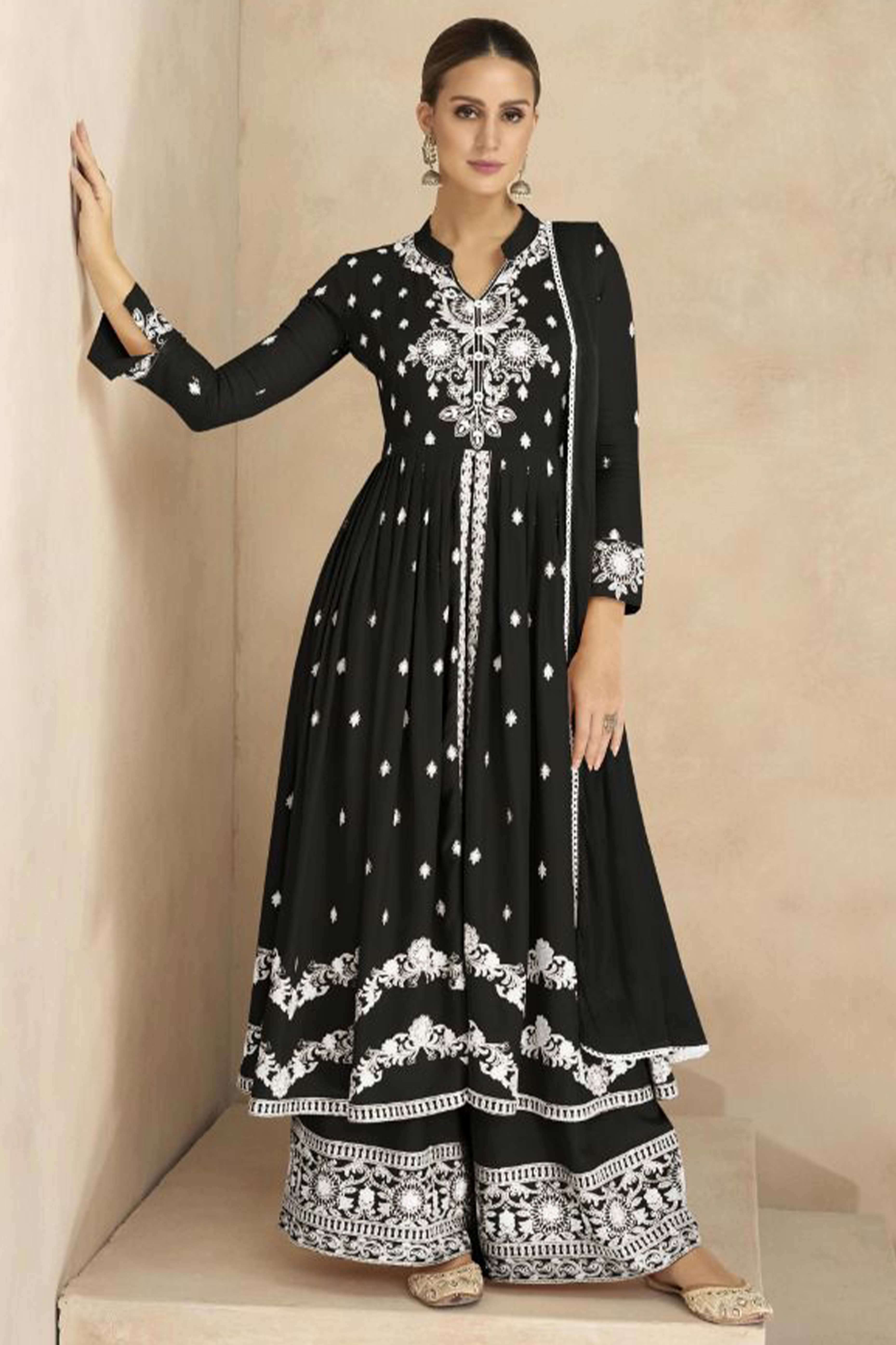 Black Floral Embroidered Rayon Palazzo Suit