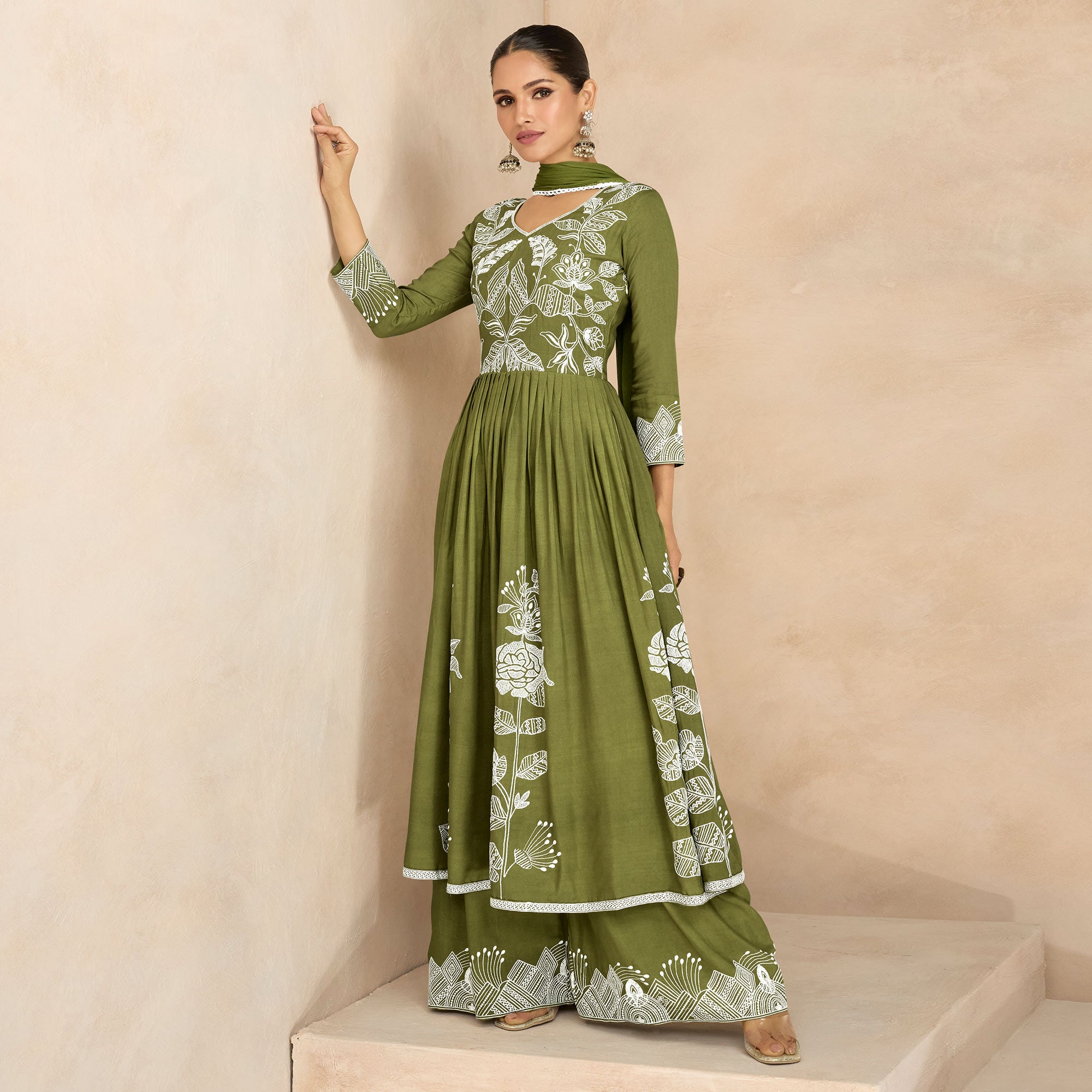Mehendi Green Floral Embroidered Rayon Palazzo Suit