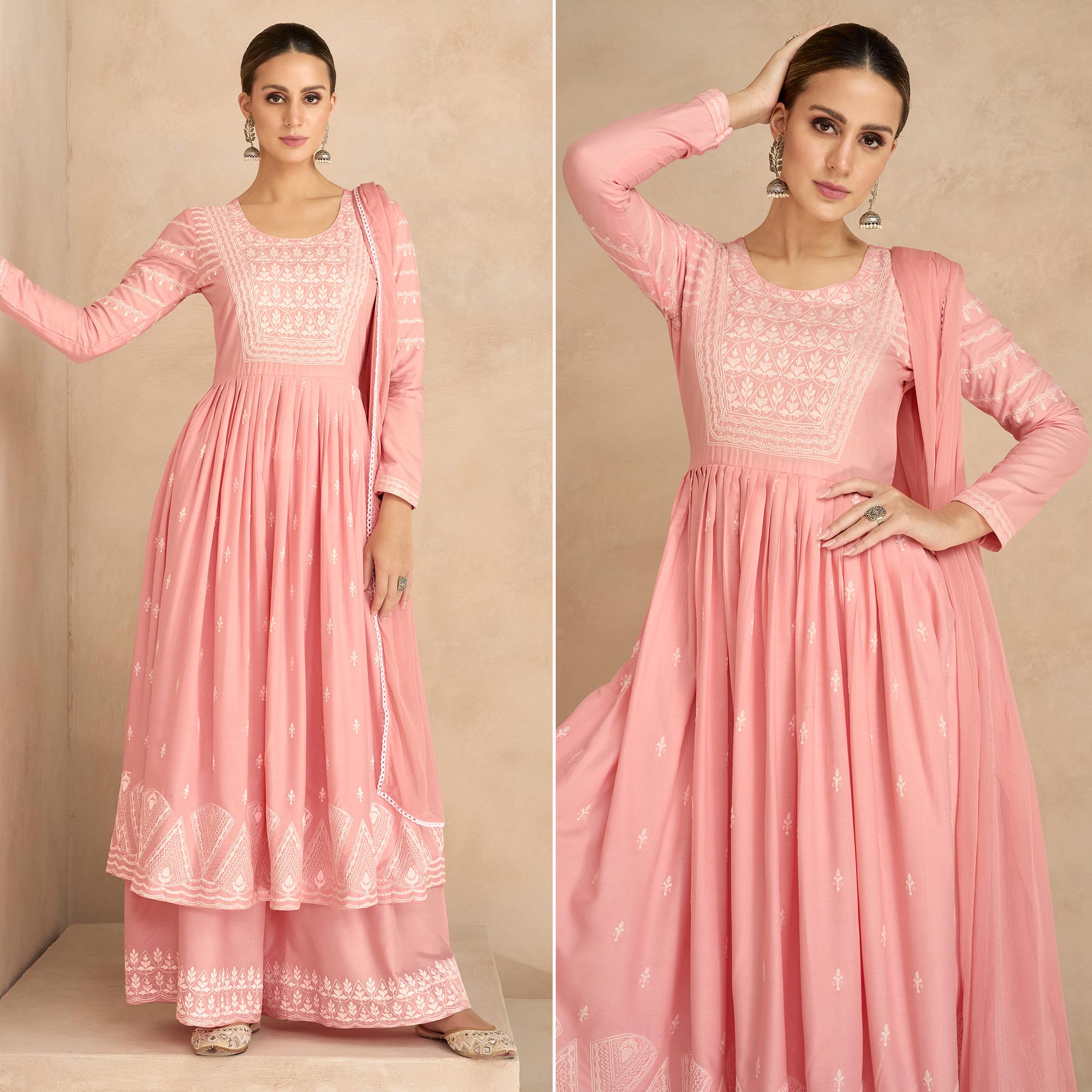 Pink Floral Embroidered Rayon Palazzo Suit