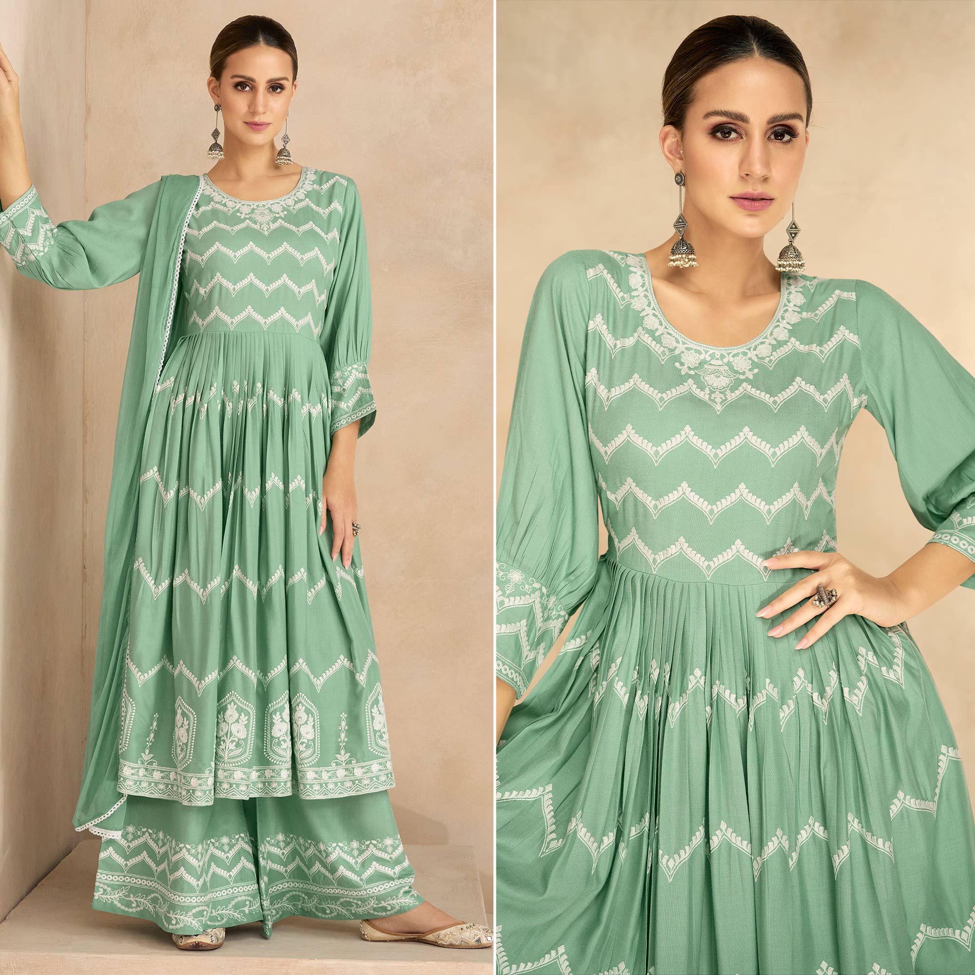 Green Floral Embroidered Rayon Palazzo Suit