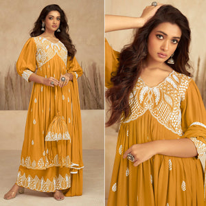 Mustard Floral Embroidered Rayon Suit