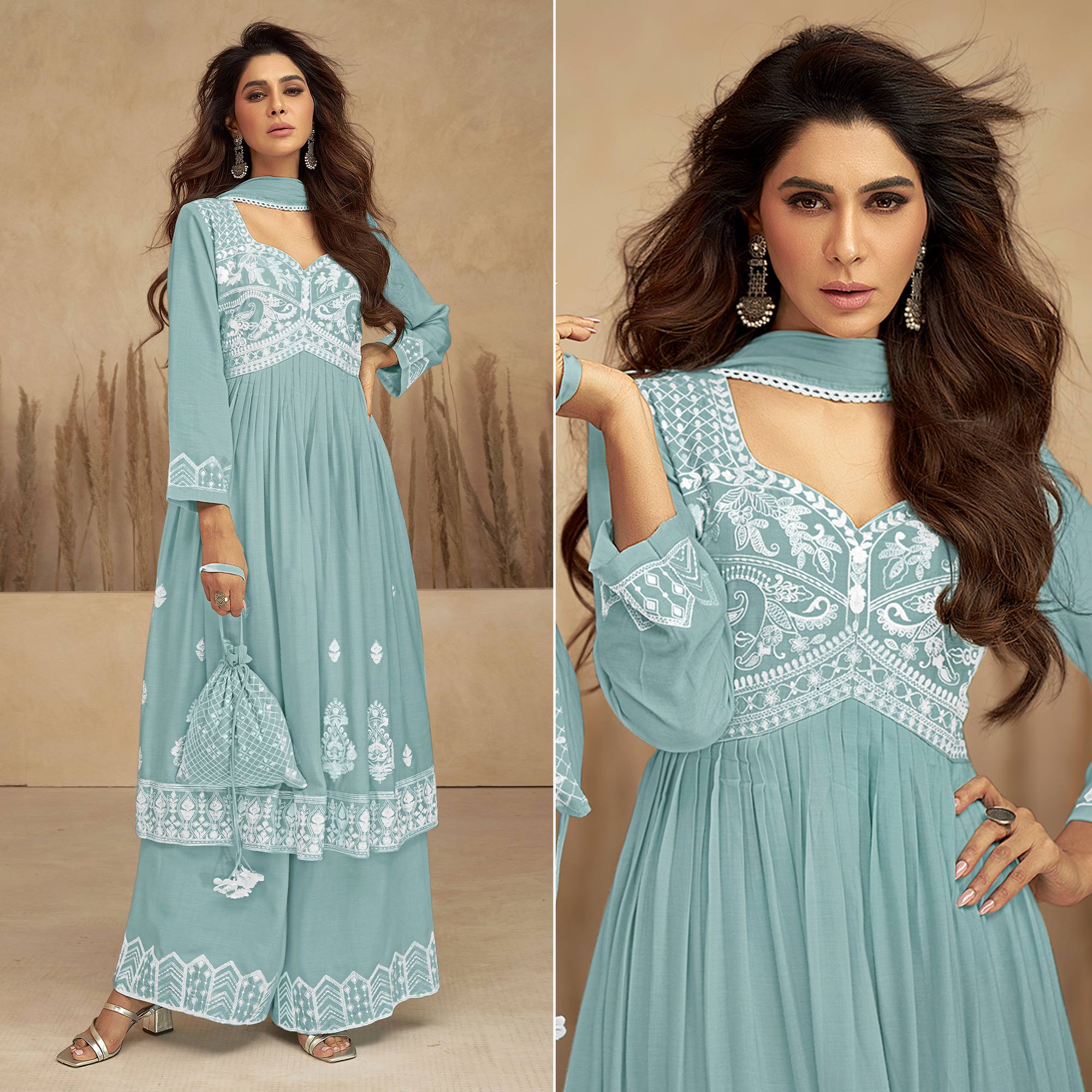 Blue Floral Embroidered Rayon Suit