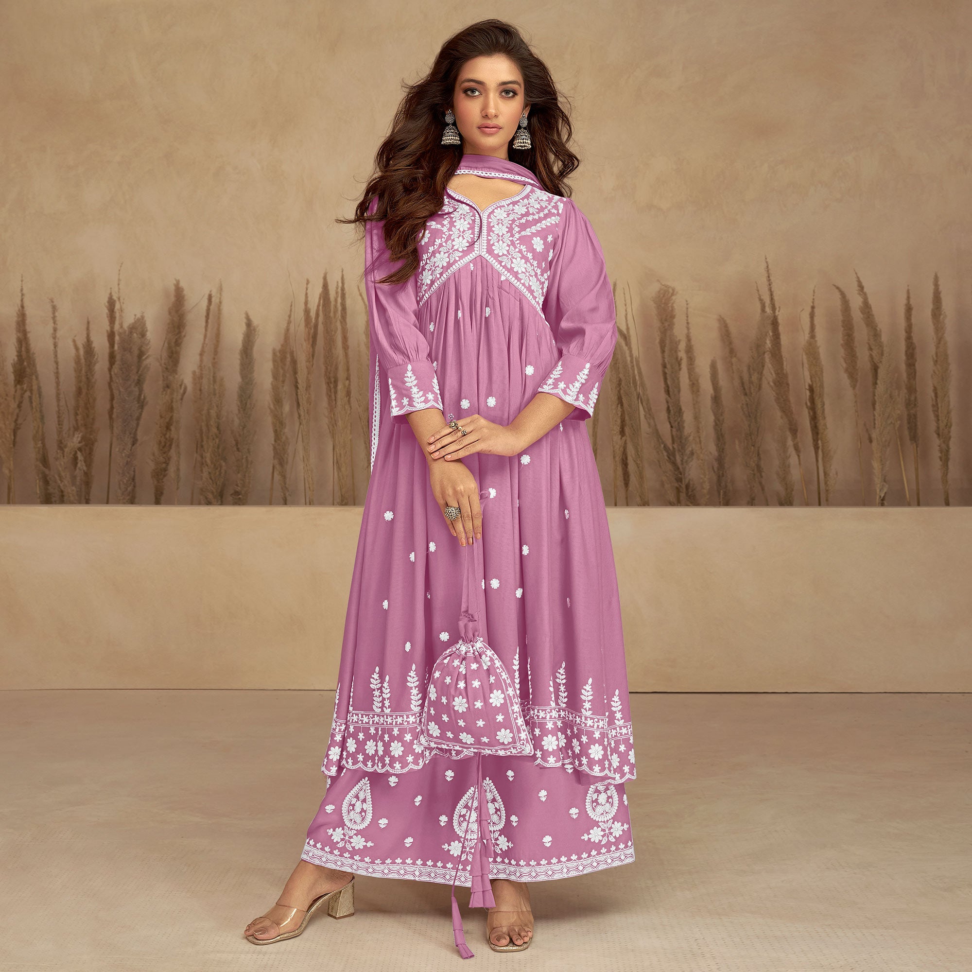 Pink Floral Embroidered Rayon Suit