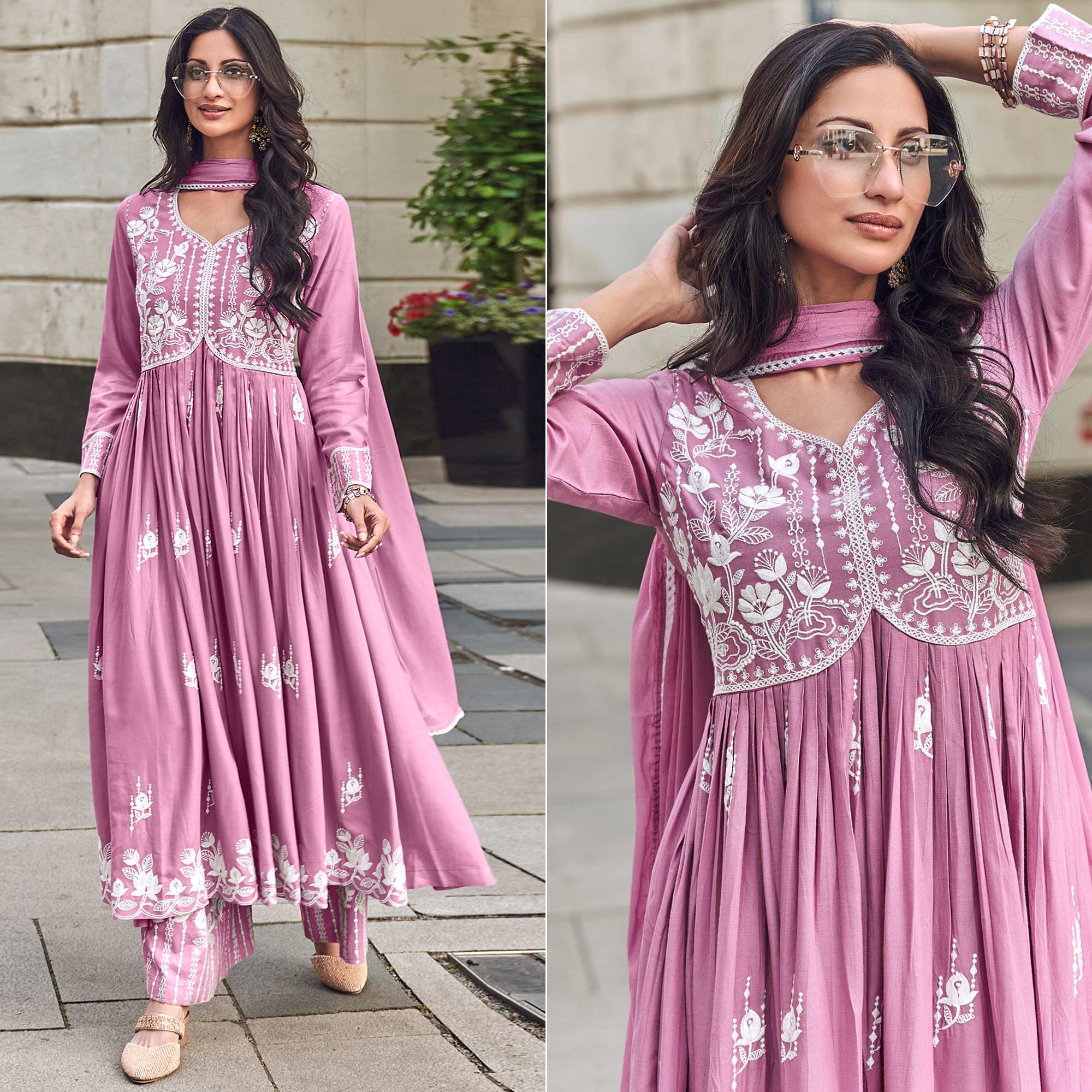 Pink Lucknowi Embroidered Rayon Palazzo Suit