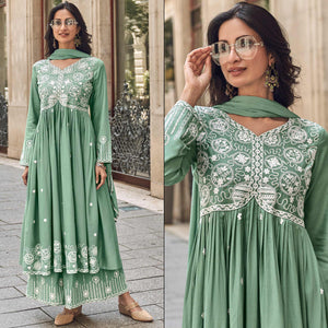 Dusty Green Lucknowi Embroidered Rayon Palazzo Suit