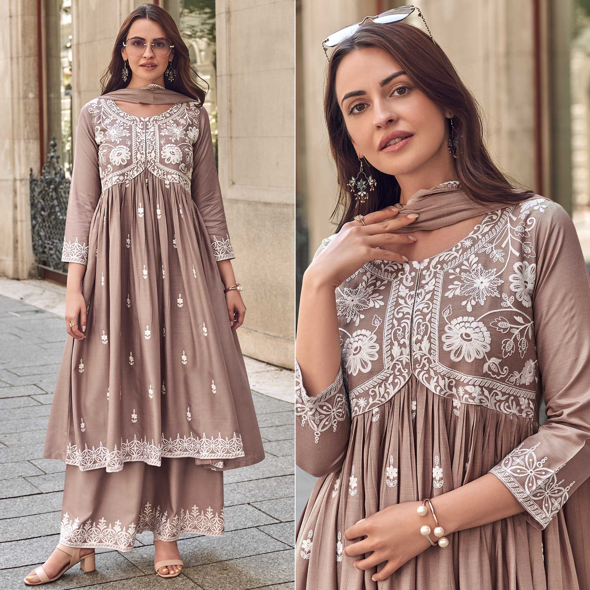 Beige Lucknowi Embroidered Rayon Palazzo Suit