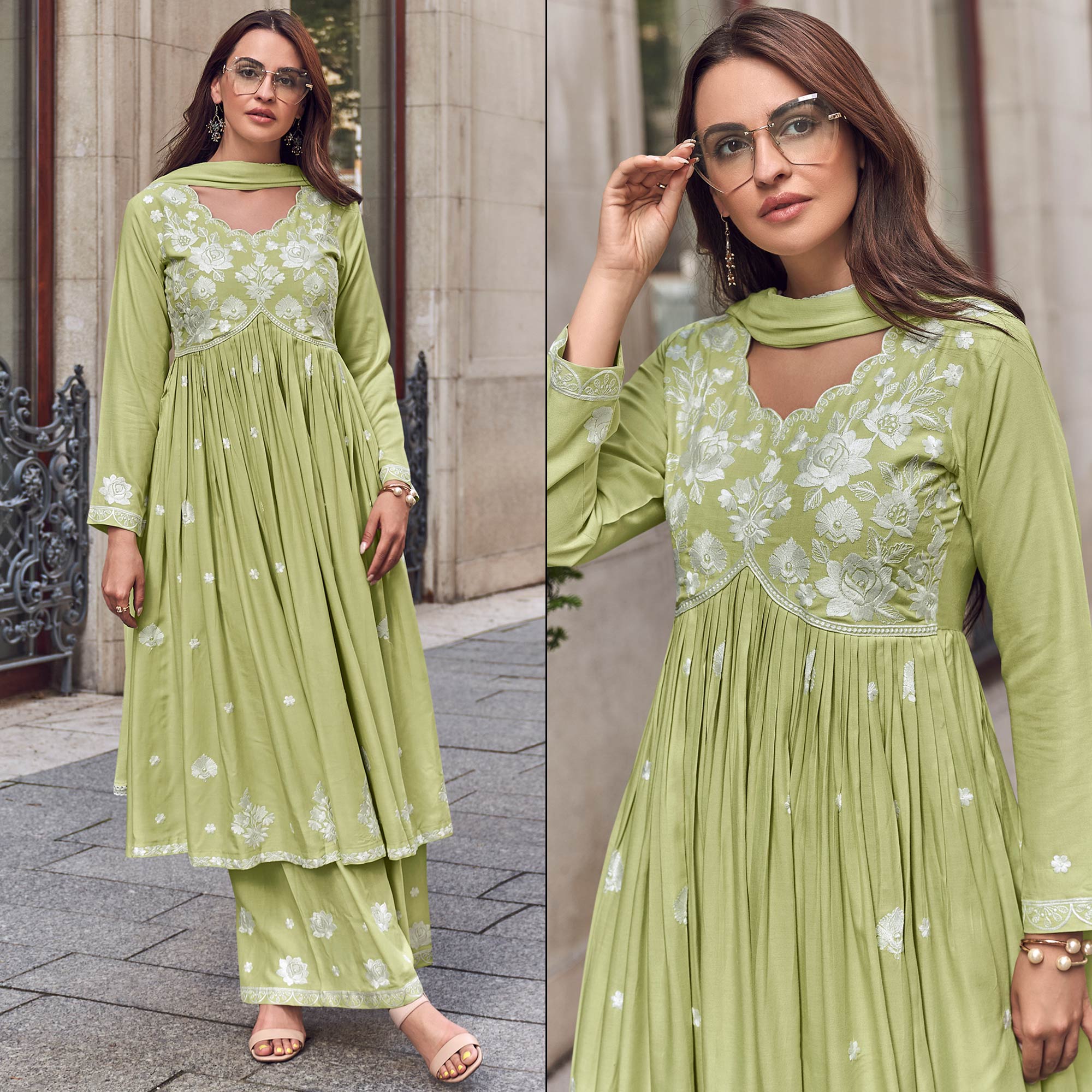 Light Green Lucknowi Embroidered Rayon Palazzo Suit