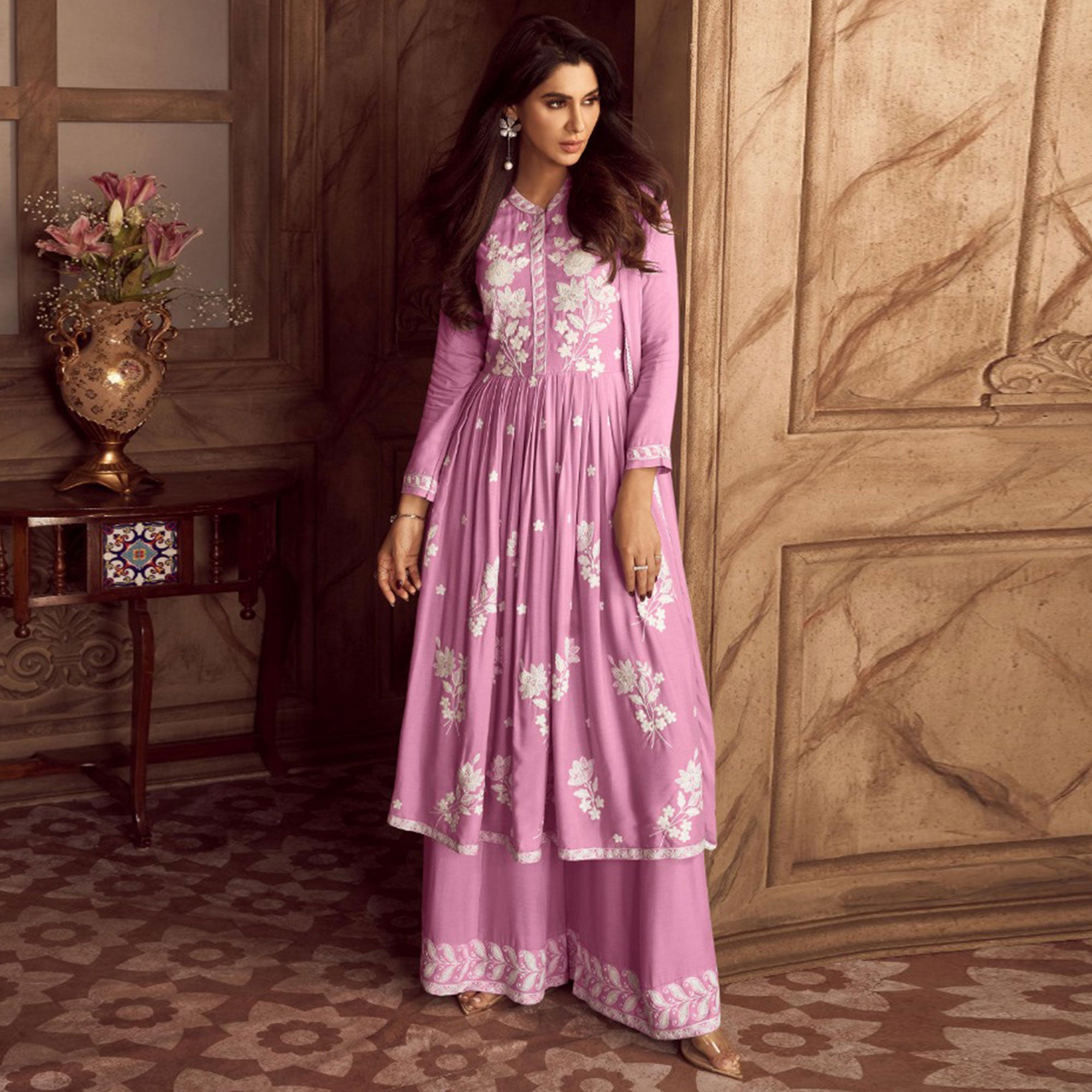 Pink Lucknowi Embroidered Rayon Palazzo Suit