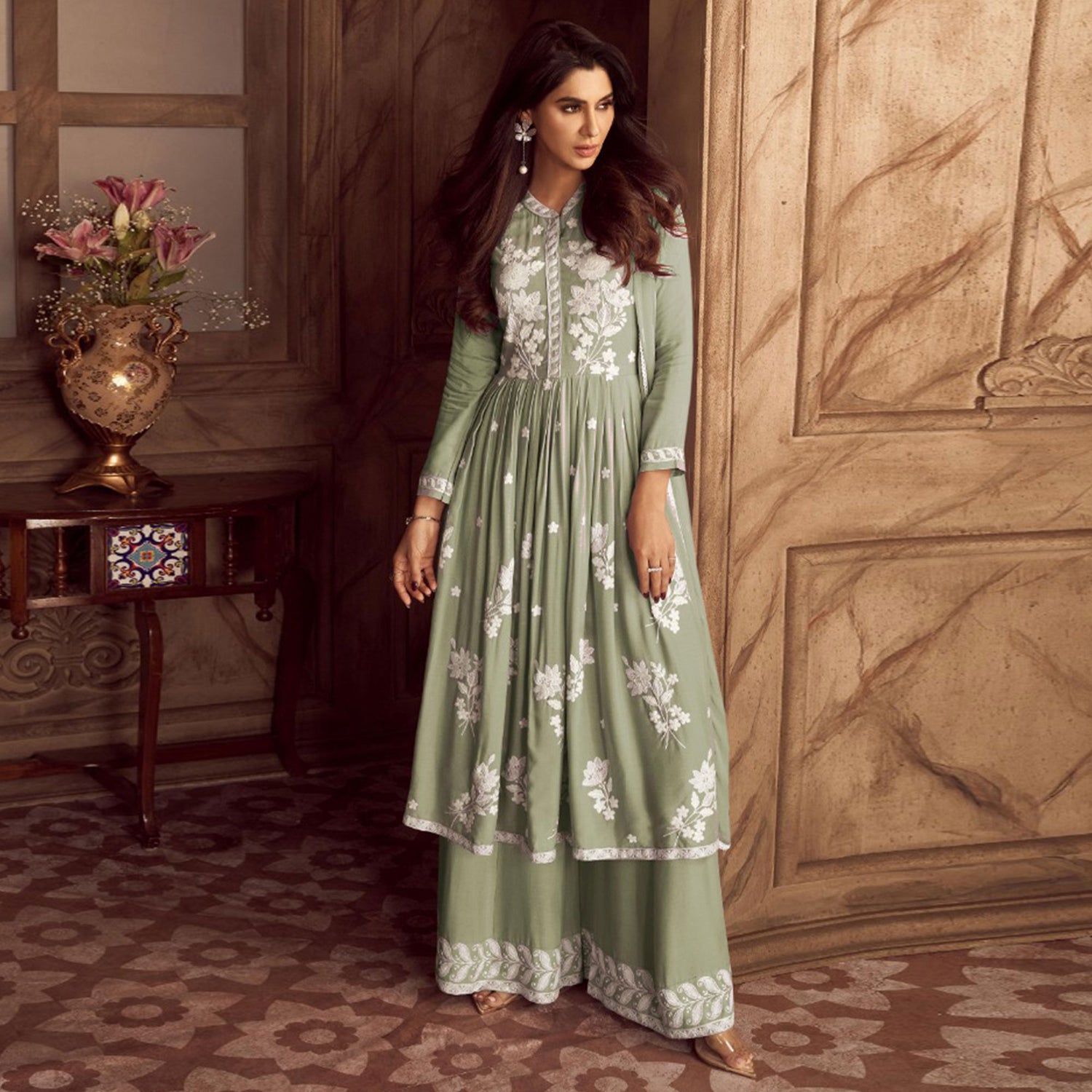 Cream Embroidered Lucknowi Style Palazzo Suit