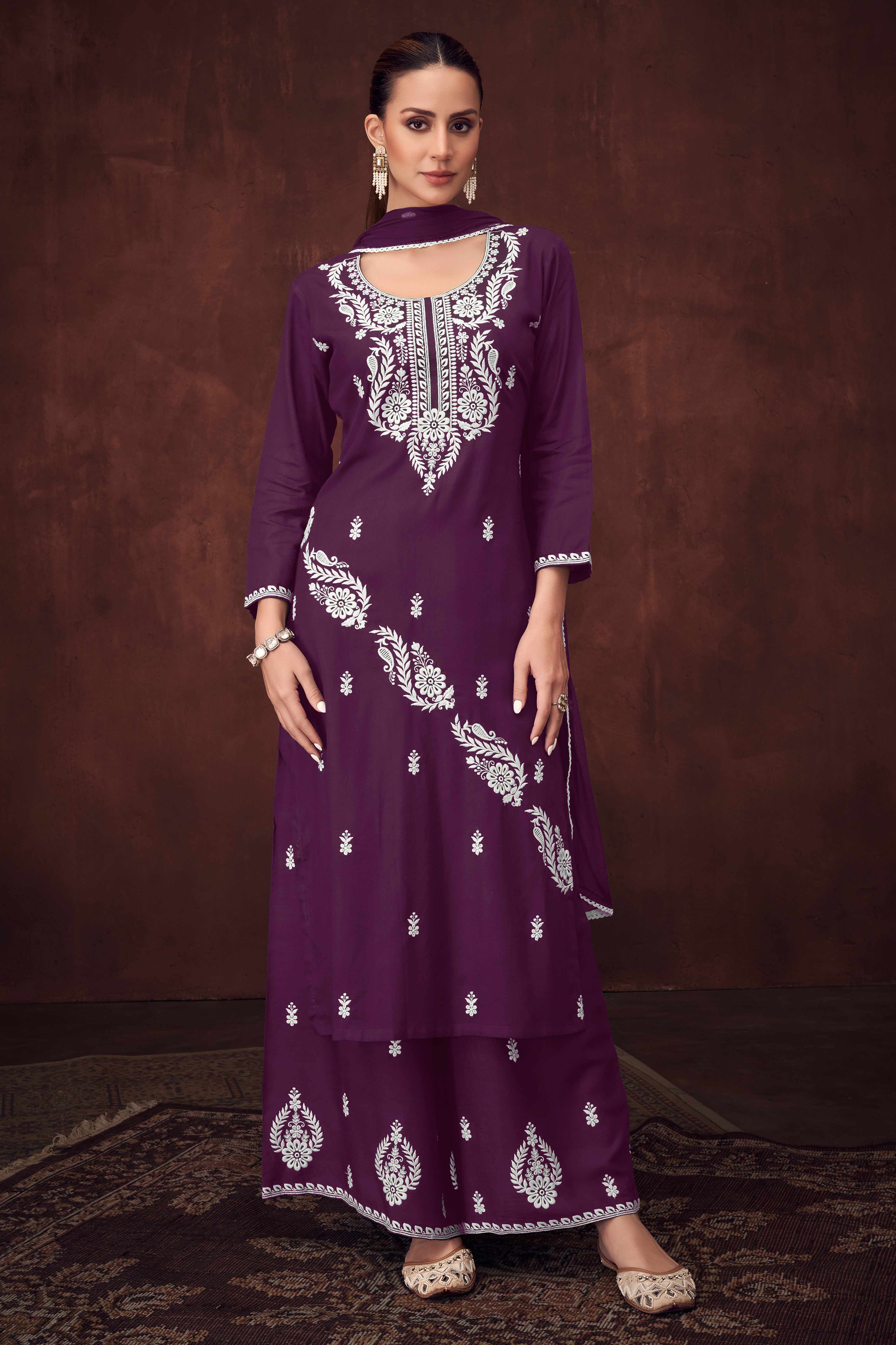 Elegant Deep Purple Straight Suit in Rayon with Embroidered Florals