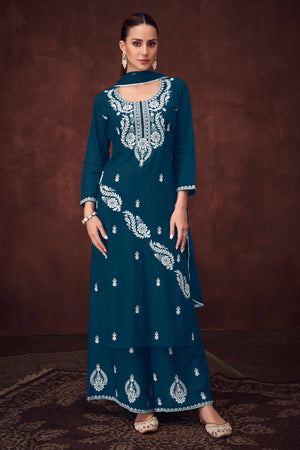 Elegant Teal Straight Suit in Rayon with Embroidered Florals