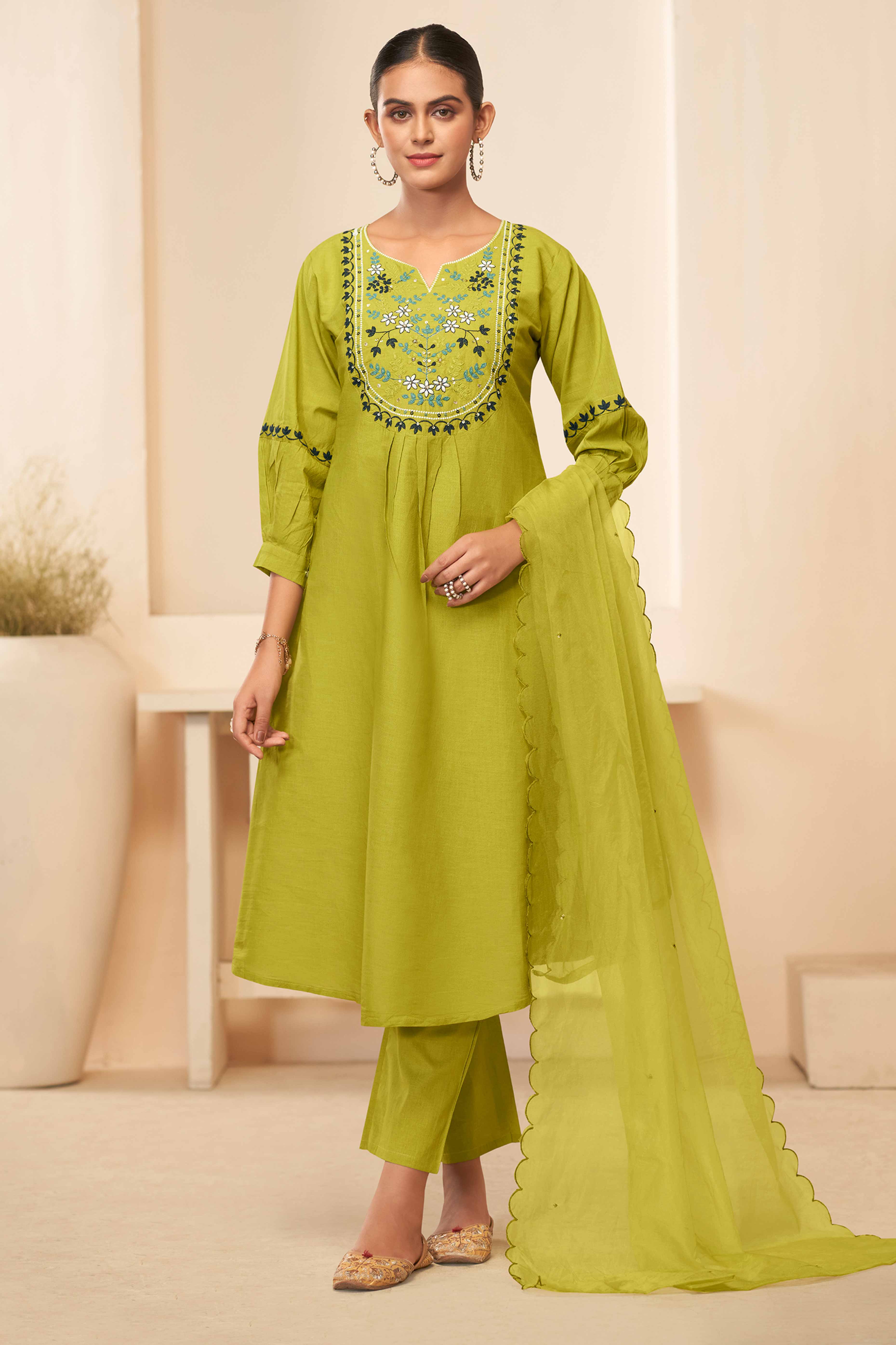 Green Cambric Cotton Suit with Delicate Floral Embroidery