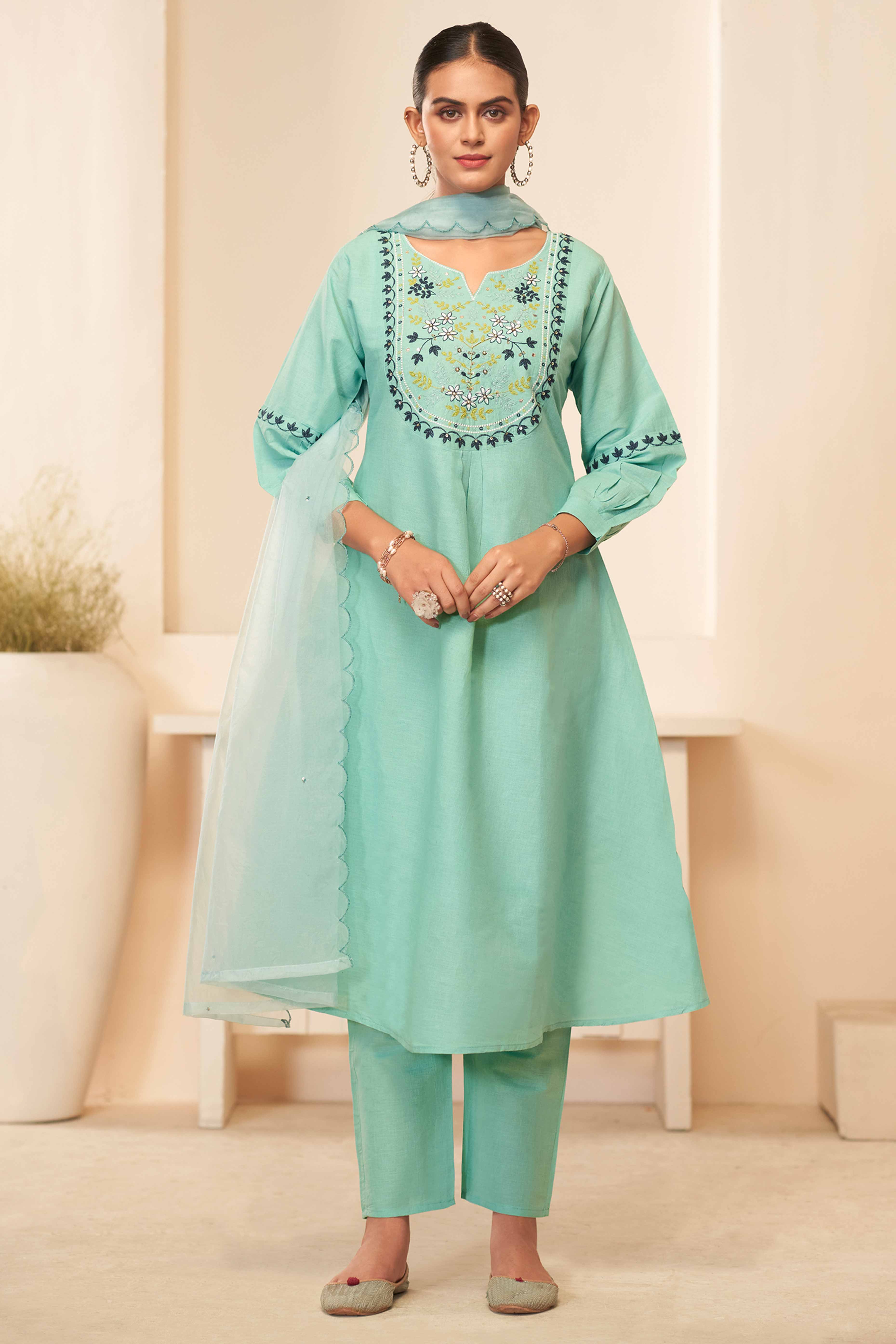 Mint Green Cambric Cotton Suit with Delicate Floral Embroidery