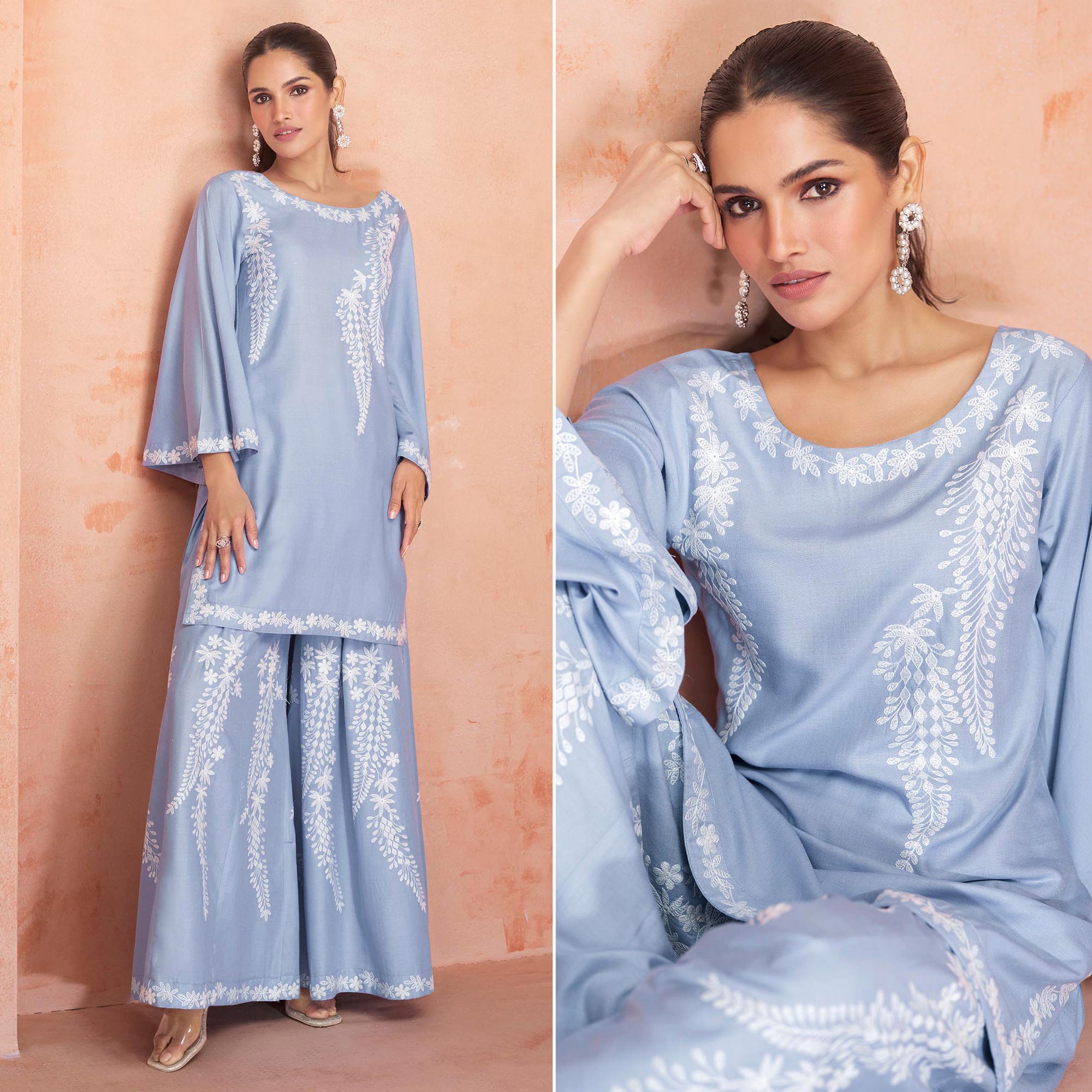 Blue Floral Embroidered Rayon Kurti Palazzo Suit