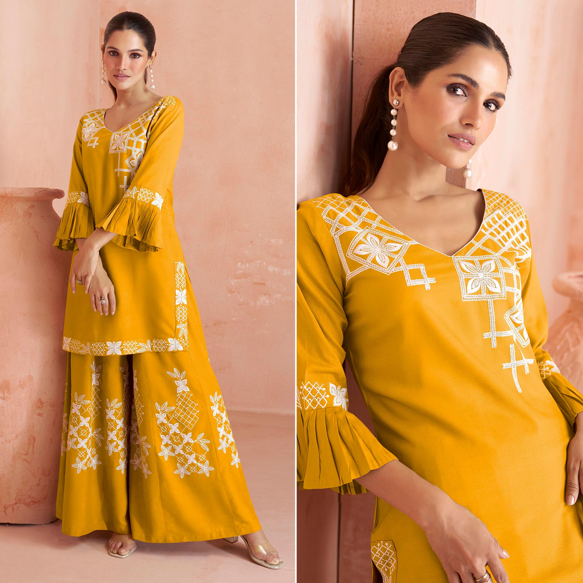 Mustard Floral Embroidered Rayon Kurti Palazzo Suit