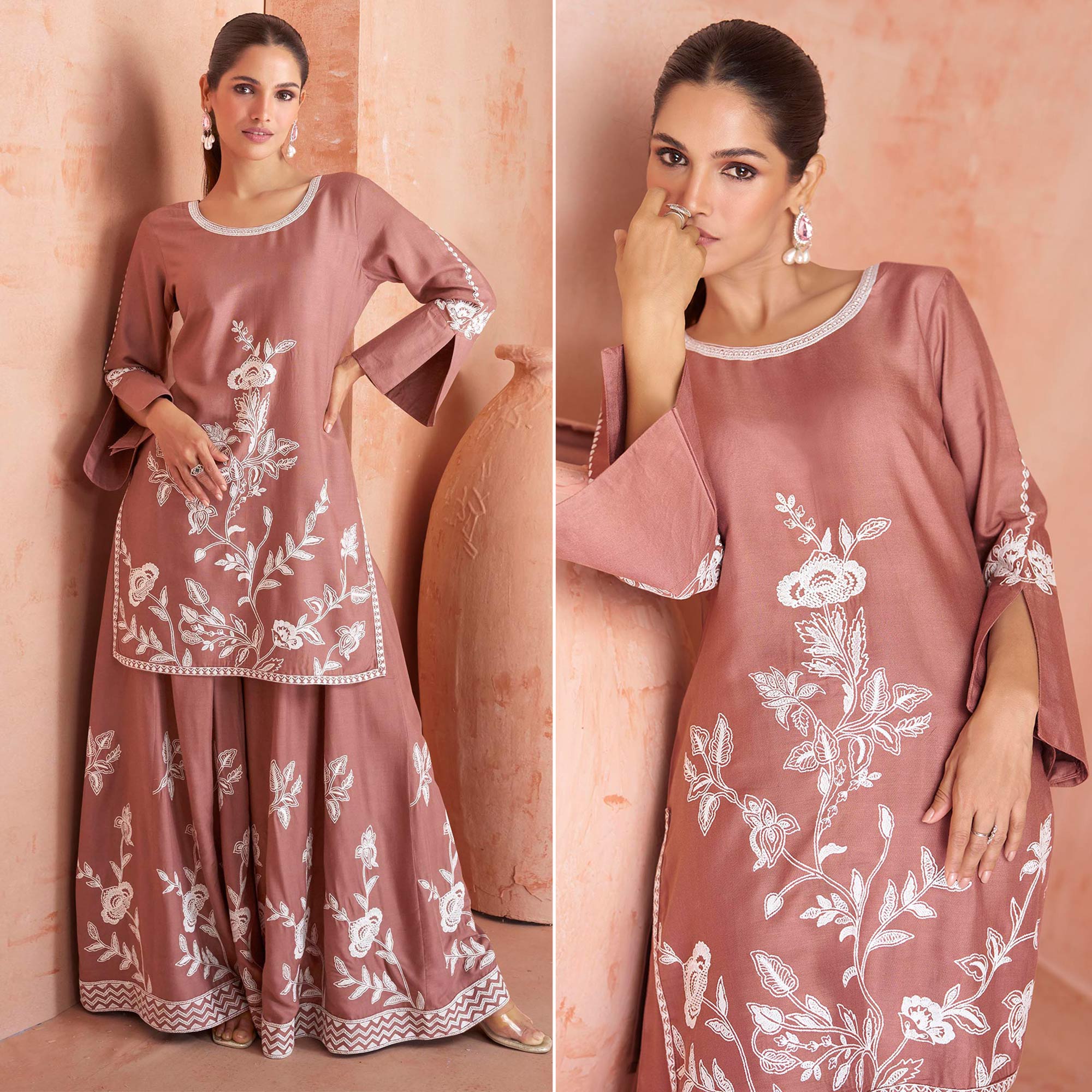 Copper Rust Floral Embroidered Rayon Kurti Palazzo Suit