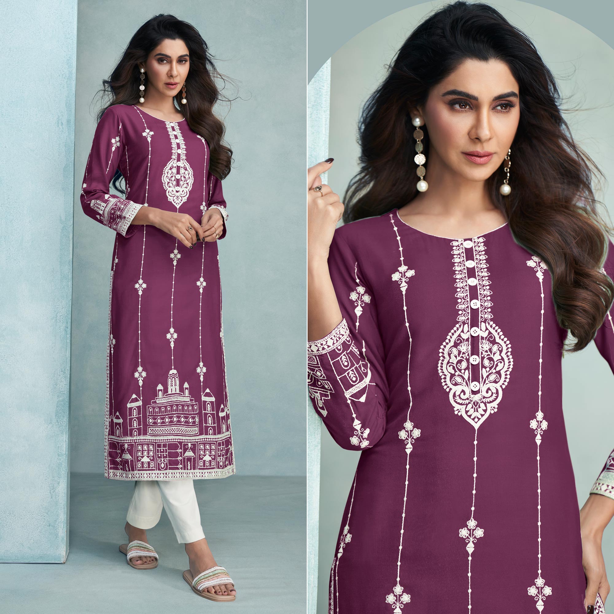 Wine Lucknowi Embroidered Rayon Kurti