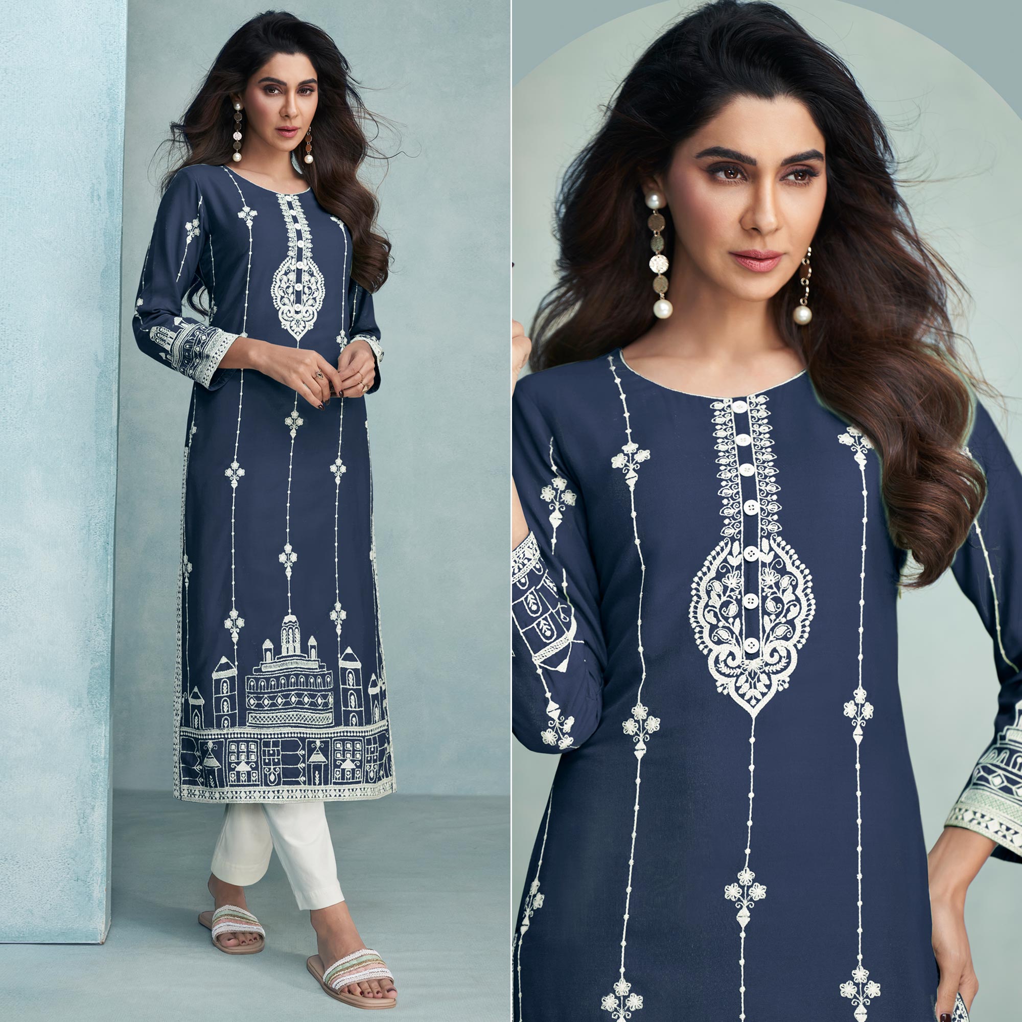 Blue Lucknowi Embroidered Rayon Kurti