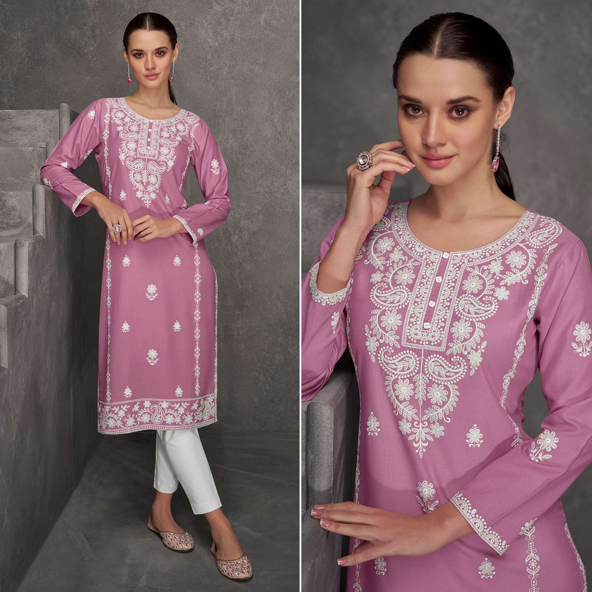 Pink Floral Embroidered Rayon Straight Kurti