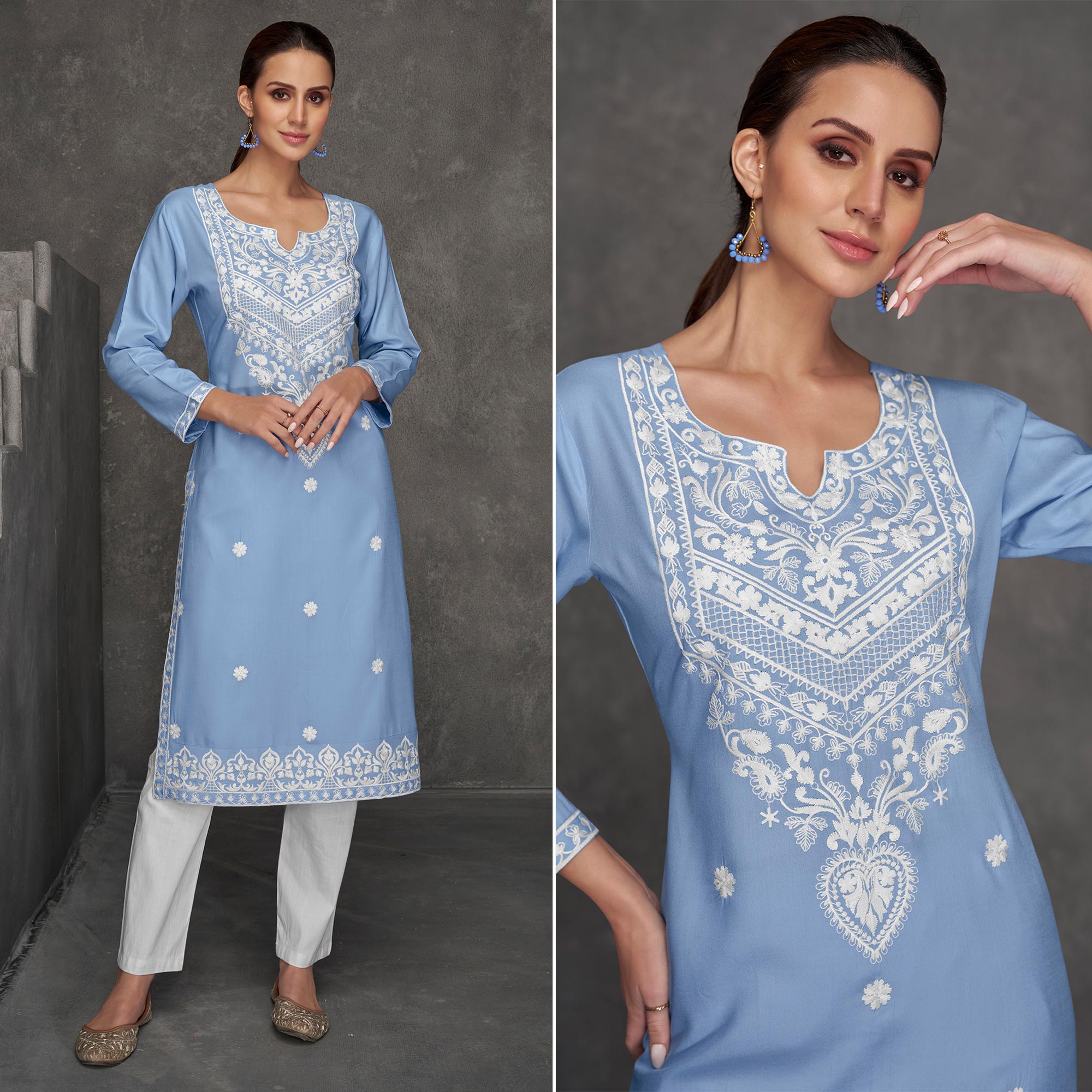 Sky Blue Floral Embroidered Rayon Straight Kurti