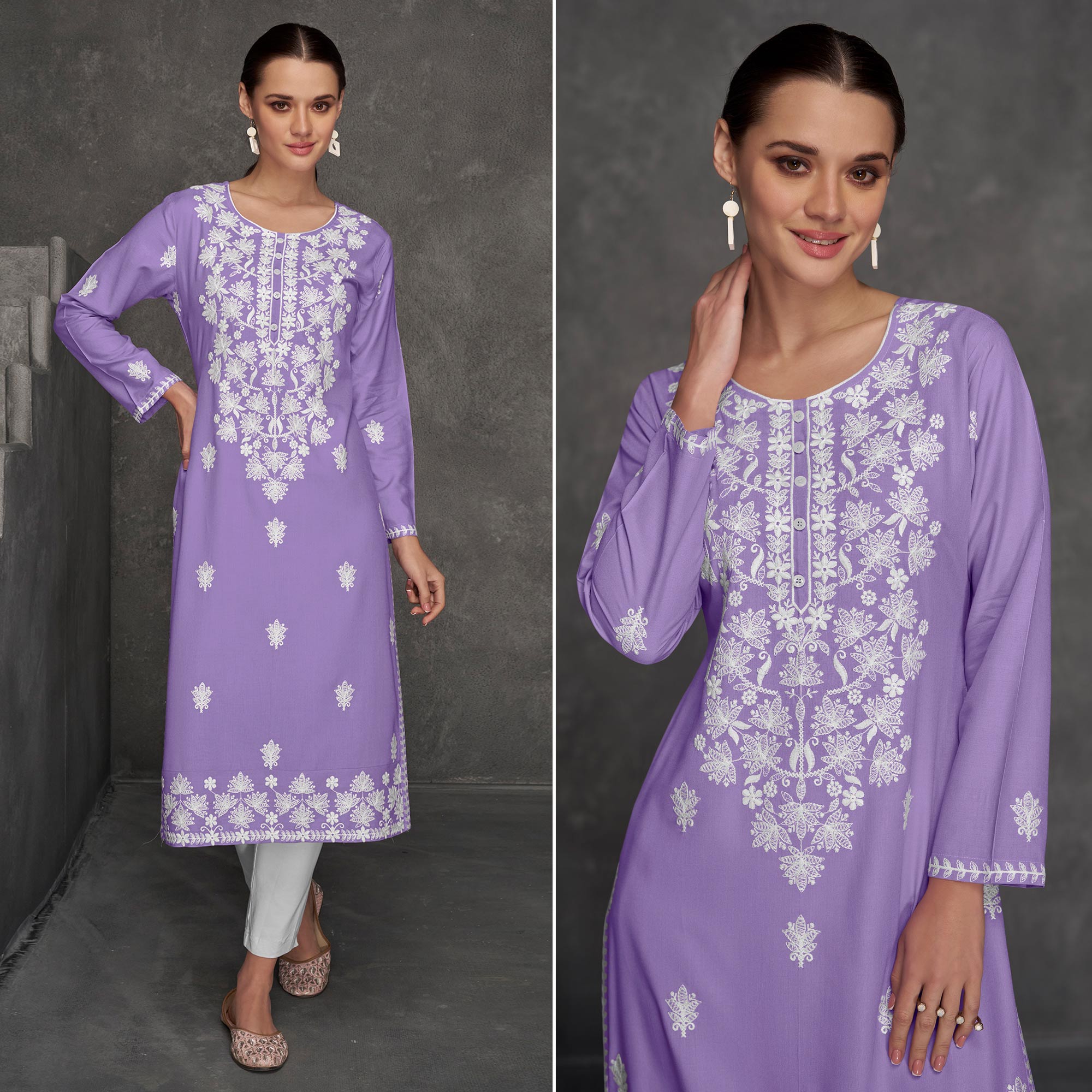 Lavender Floral Embroidered Rayon Straight Kurti