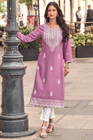 Festive Wear Pink Kurti in Rayon with Lucknowi Detailing