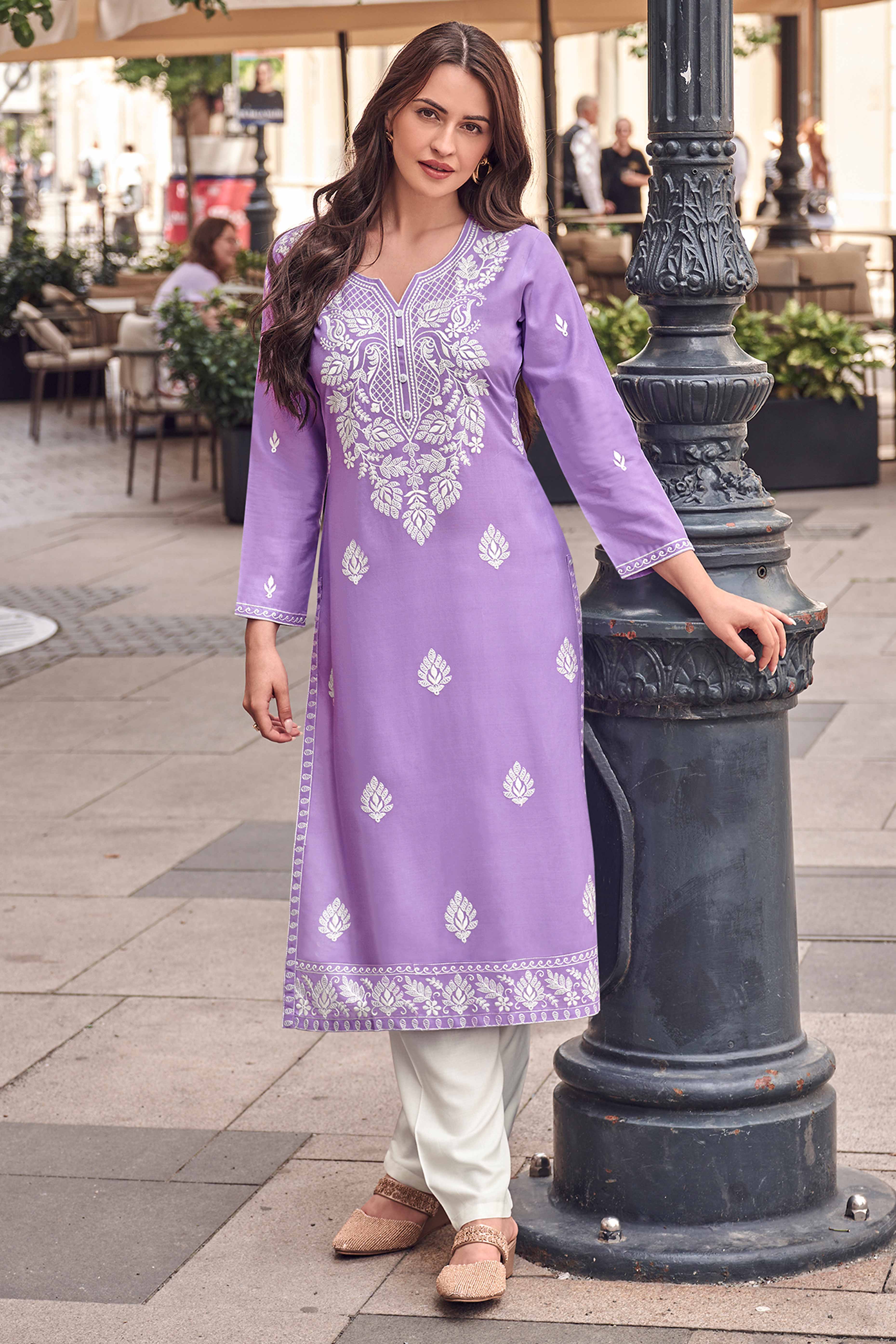 Festive Wear Lavender Kurti in Rayon with Lucknowi Detailing