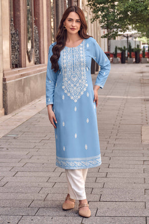Festive Wear Sky Blue Kurti in Rayon with Lucknowi Detailing