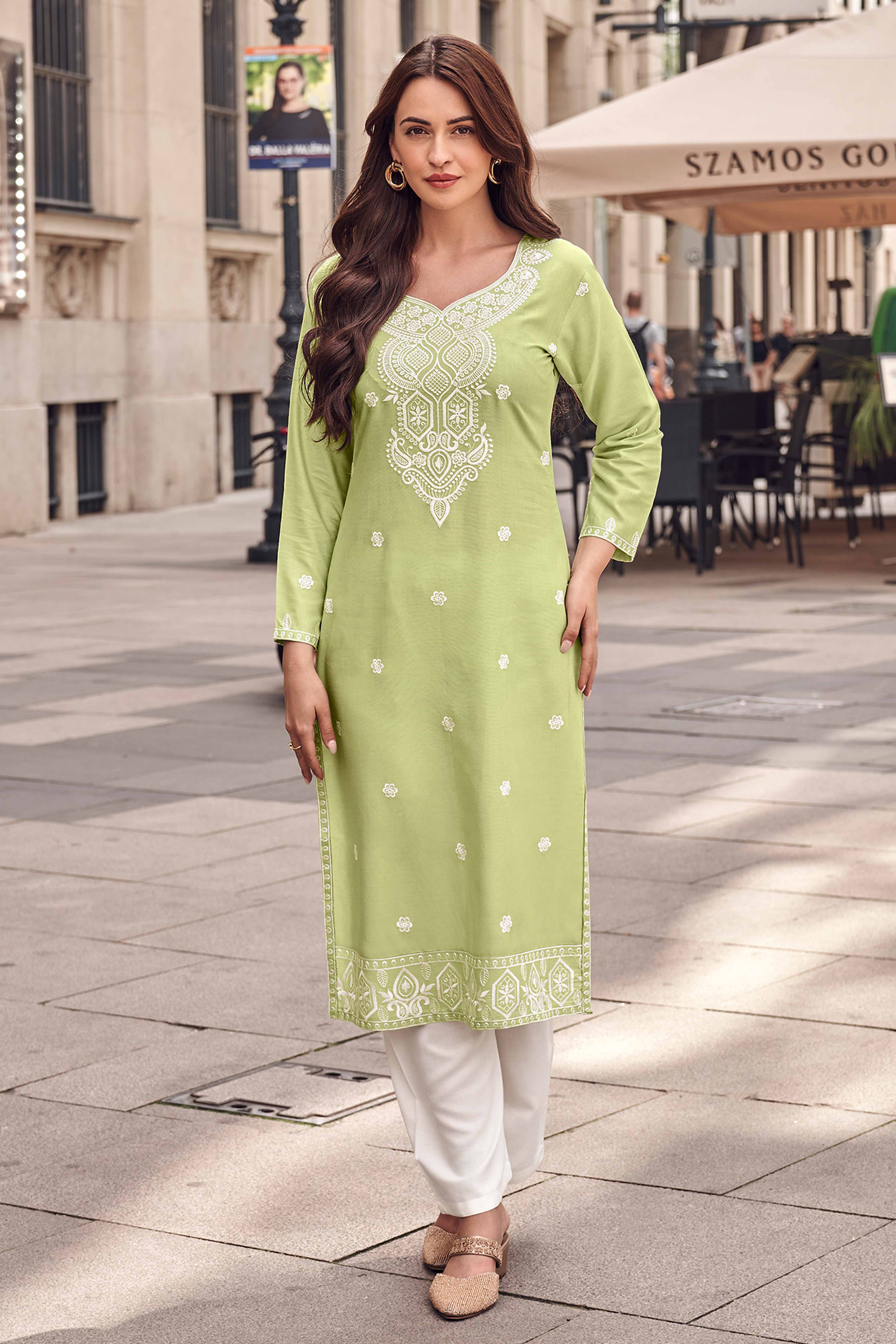 Festive Wear Green Kurti in Rayon with Lucknowi Detailing