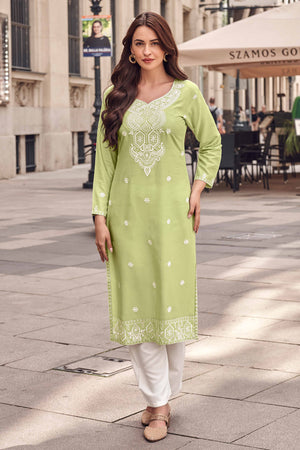 Festive Wear Green Kurti in Rayon with Lucknowi Detailing