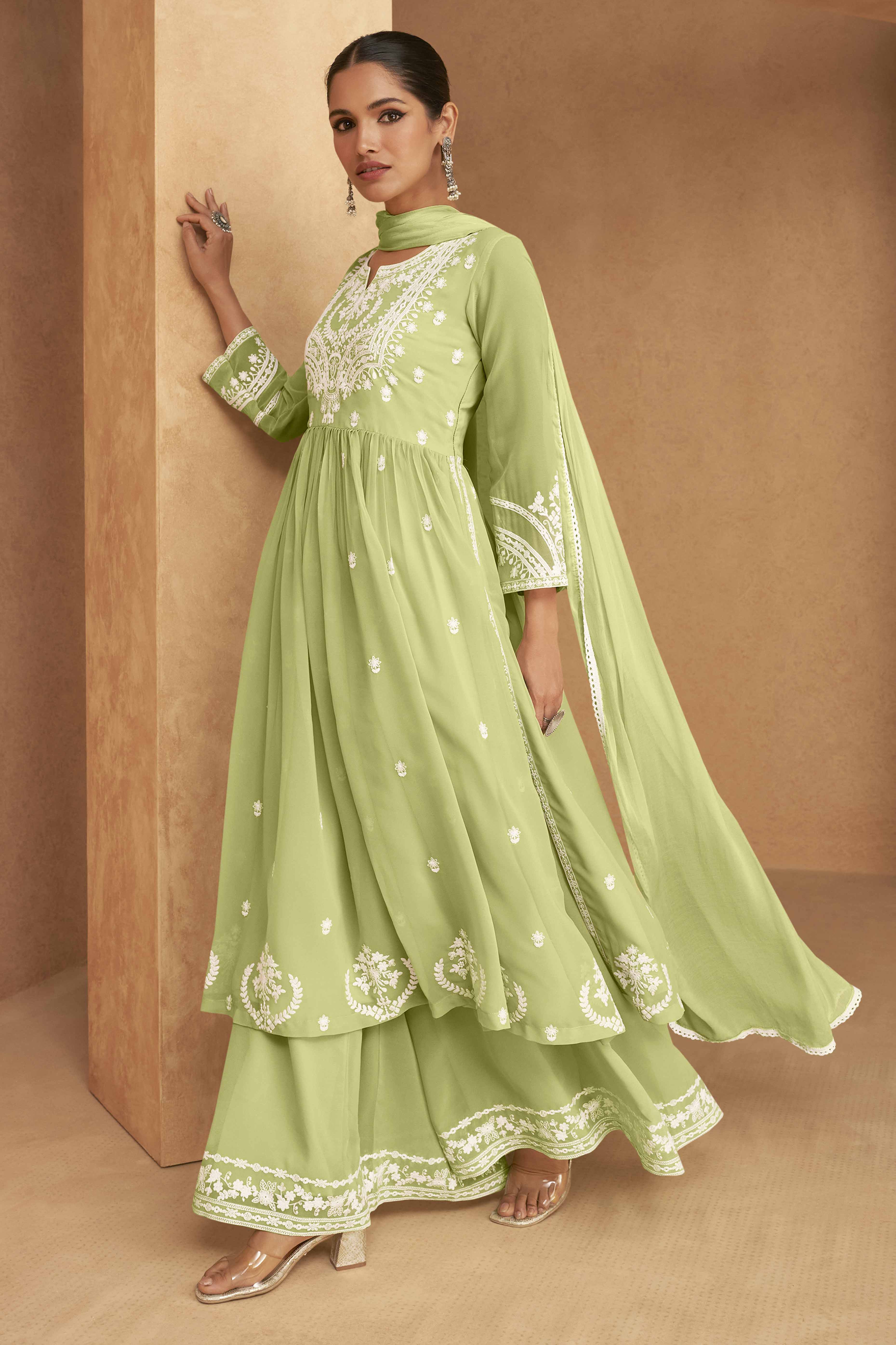 Green Rayon Palazzo Suit with Intricate Lucknowi Work