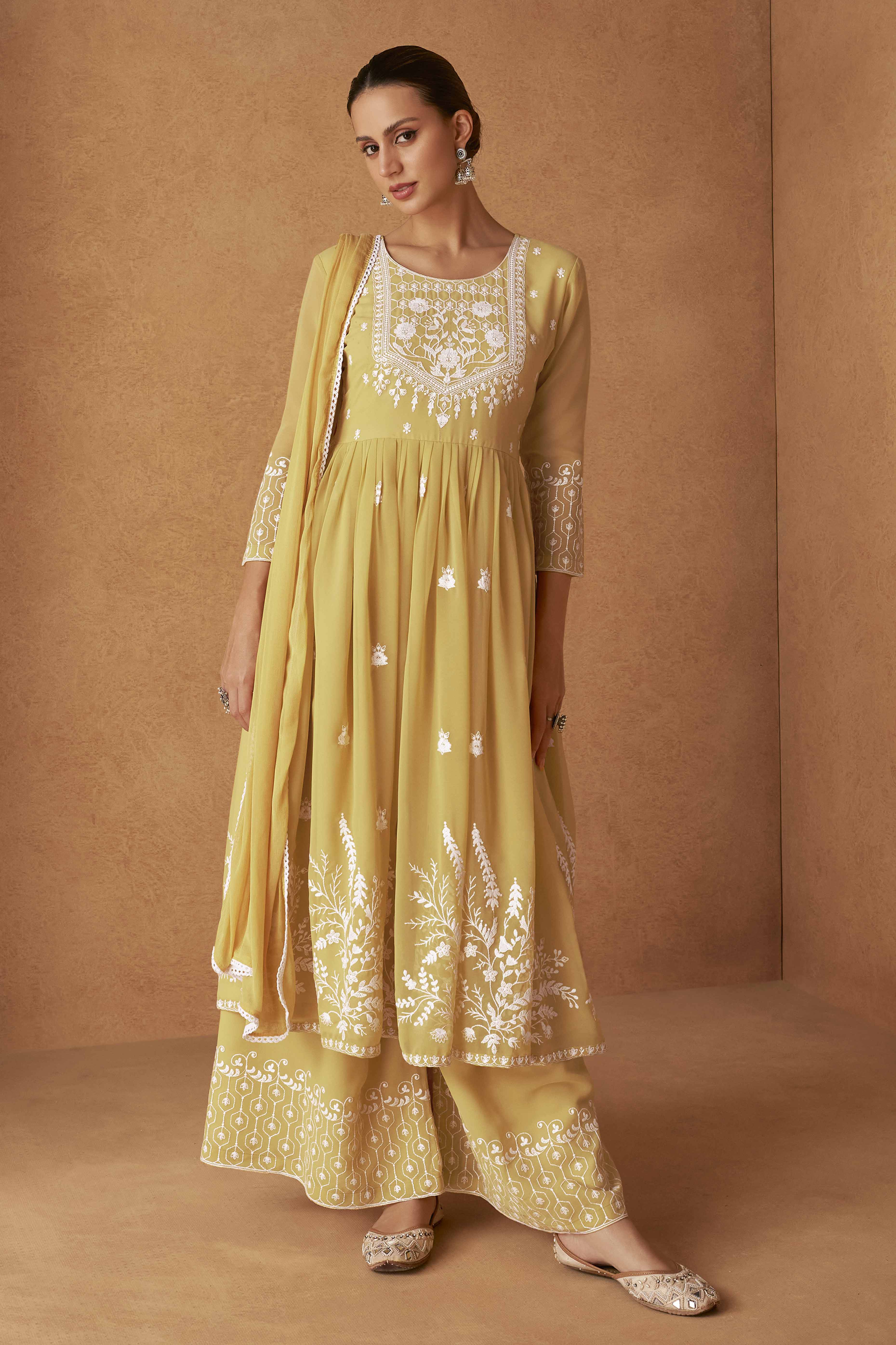 Mustard Rayon Palazzo Suit with Intricate Lucknowi Work