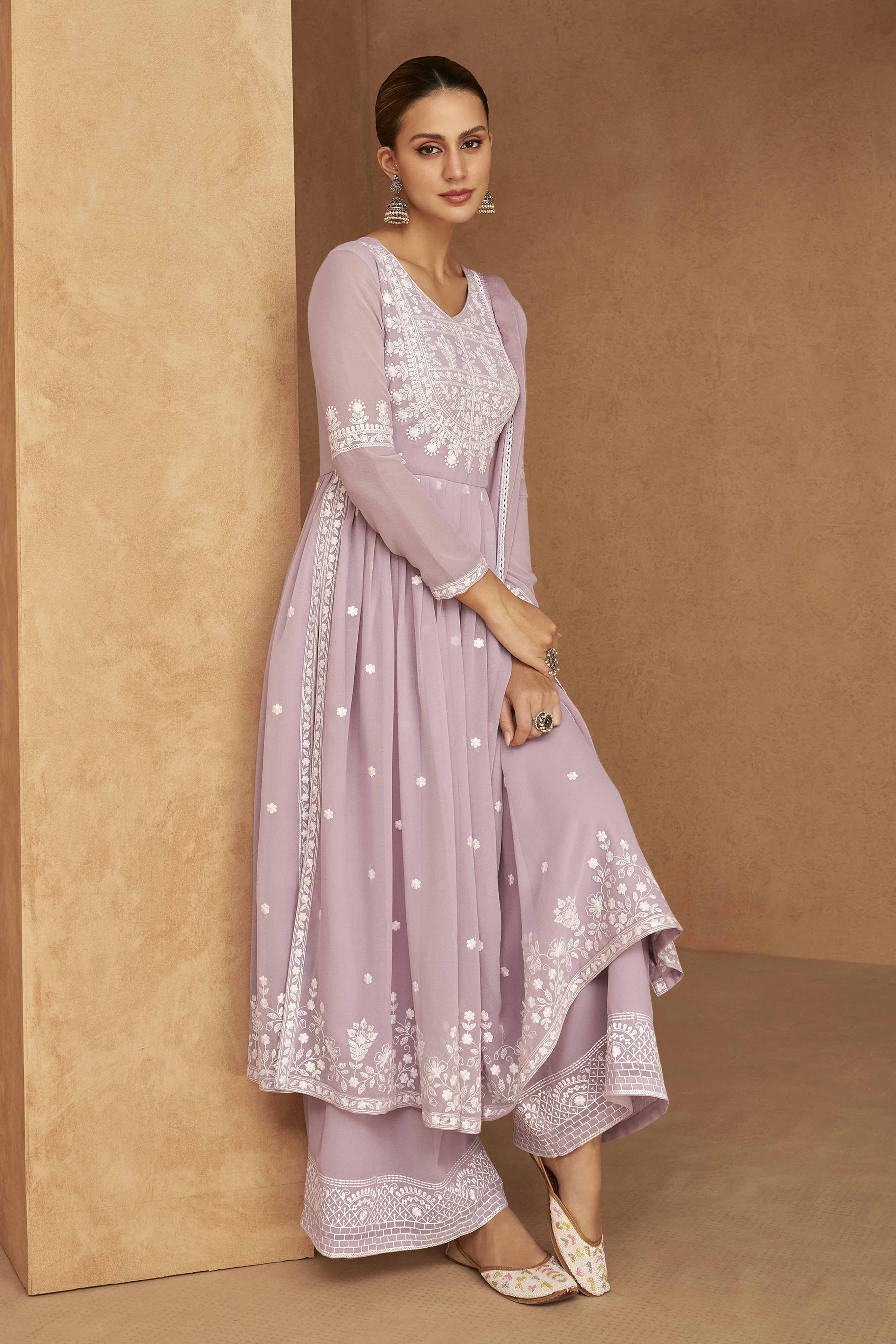 Lavender Rayon Palazzo Suit with Intricate Lucknowi Work