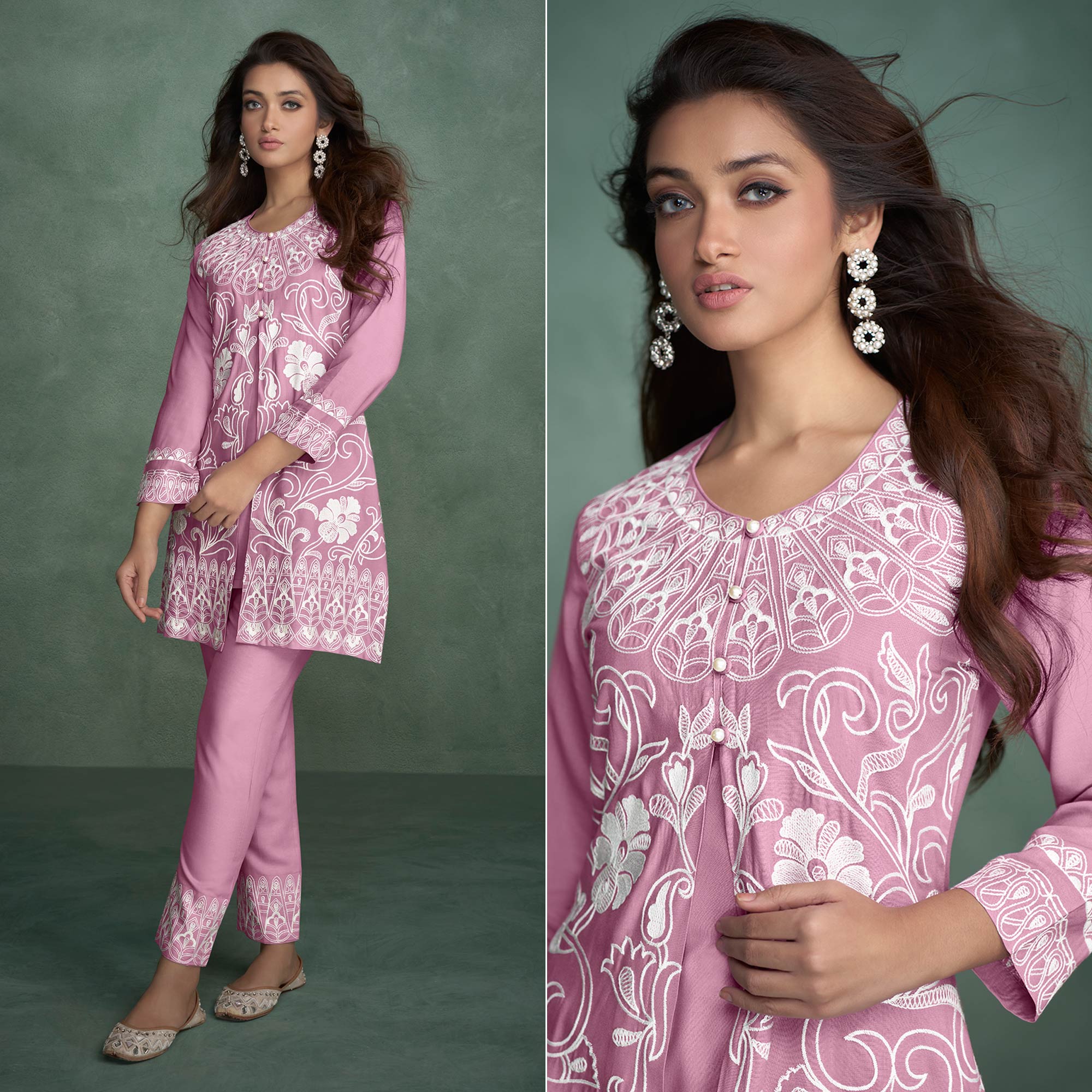 Pink Floral Embroidered Rayon Kurti Jacket Co Ord Set
