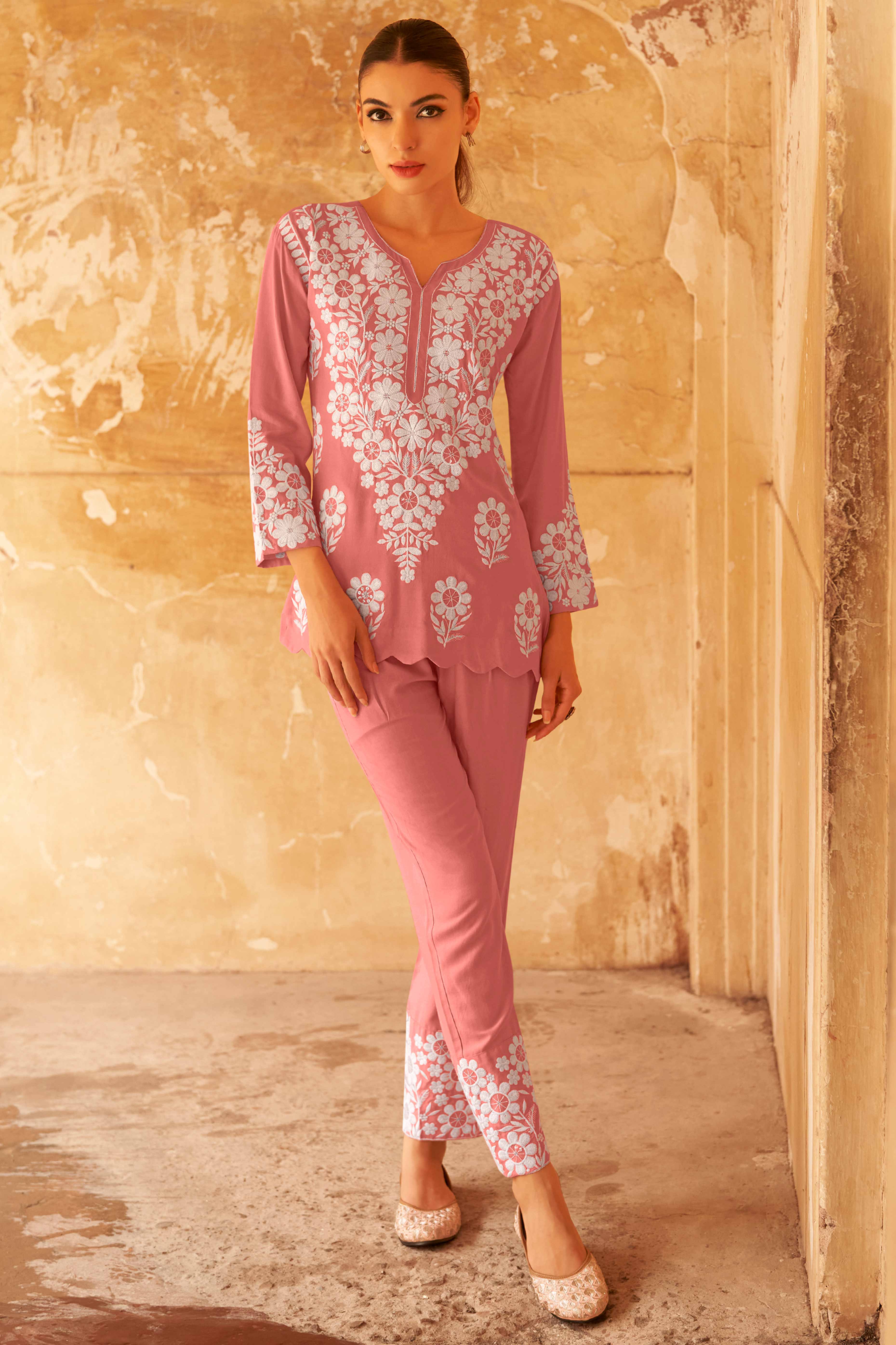 Floral Embroidered Rose Pink Rayon Co-Ord Set for Casual Wear