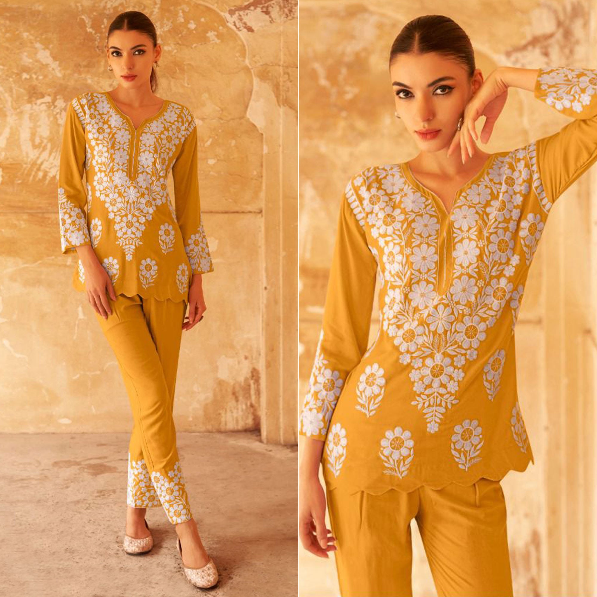 Mustard Floral Embroidered Rayon Co Ord Set