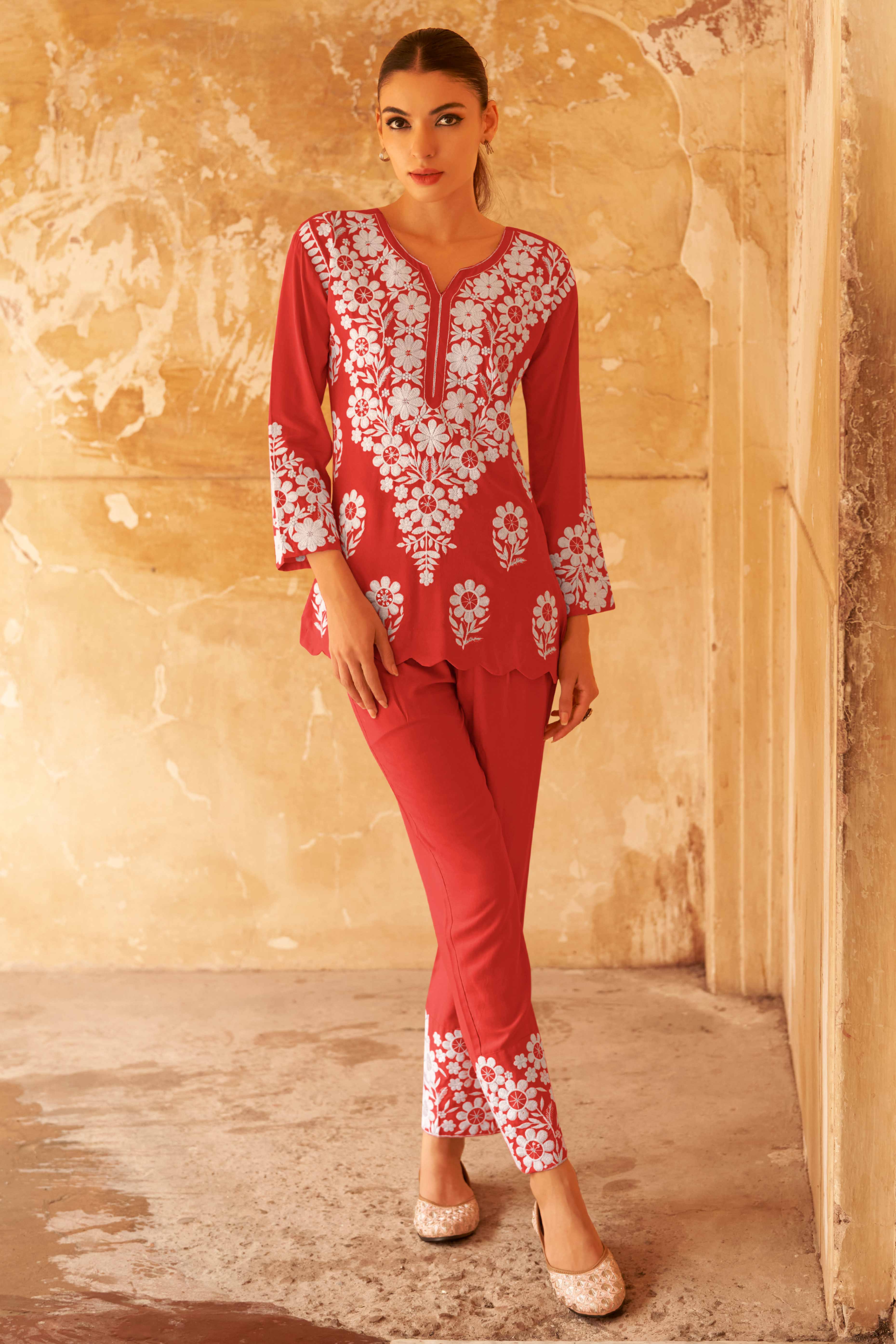 Red Floral Embroidered Matching Set in Soft Rayon Fabric